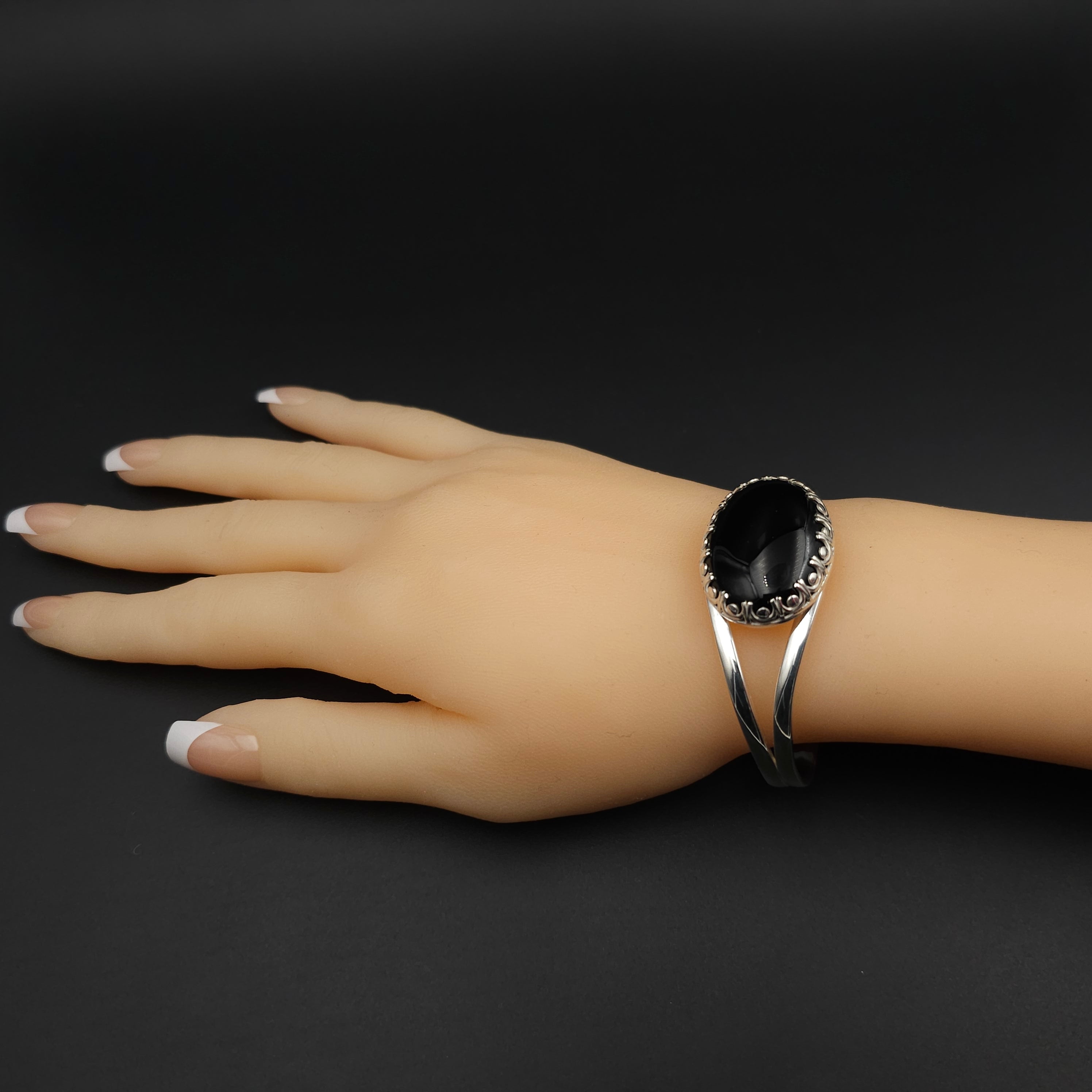 Black onyx sterling silver open cuff bracelet