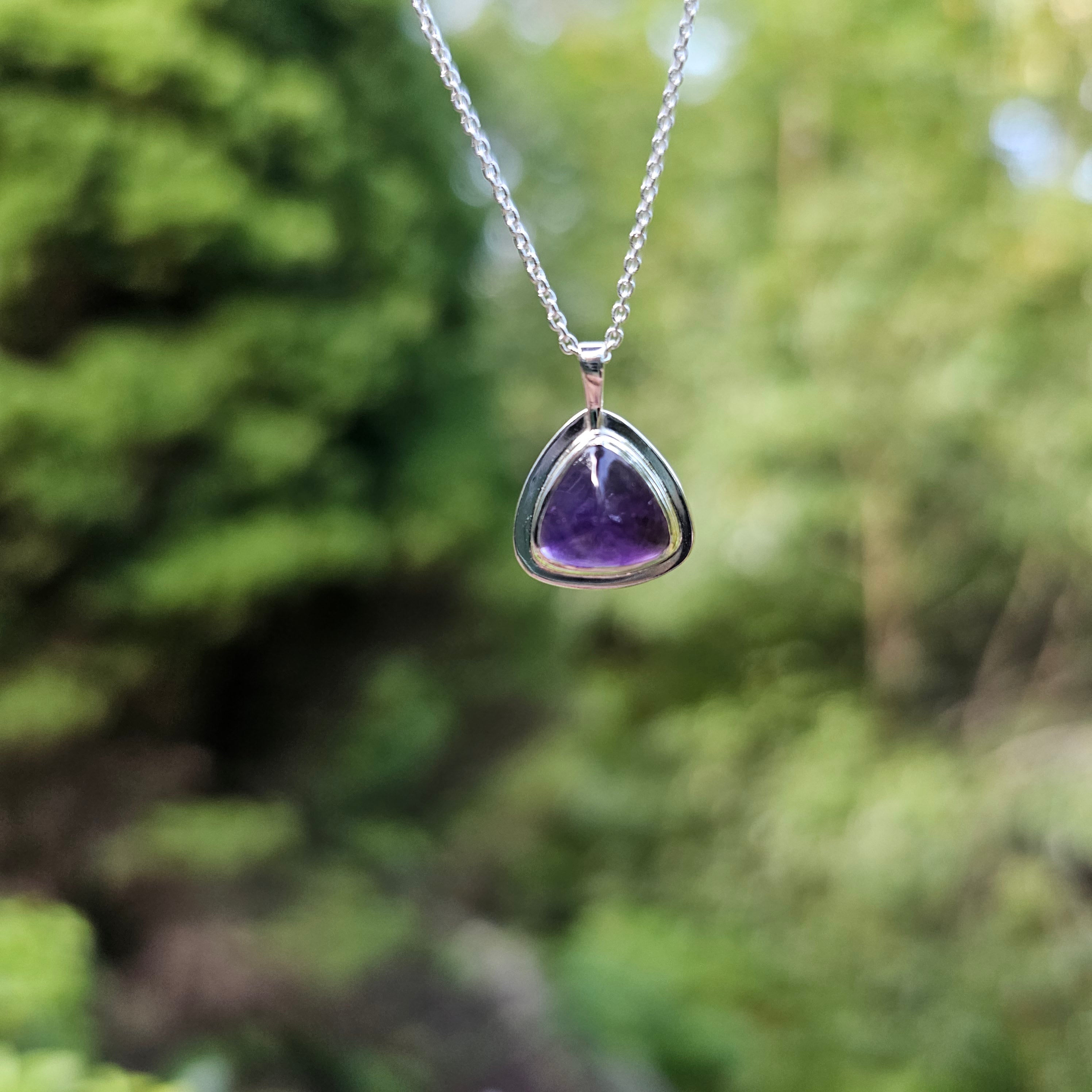 Amethyst and sterling silver triangle bezel set necklace
