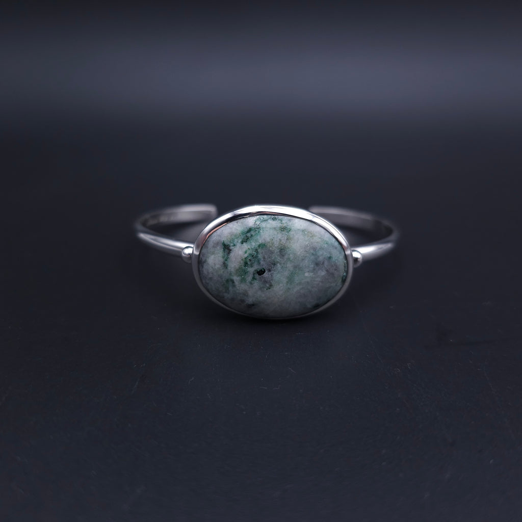 Large oval green agate sterling silver cuff bracelet