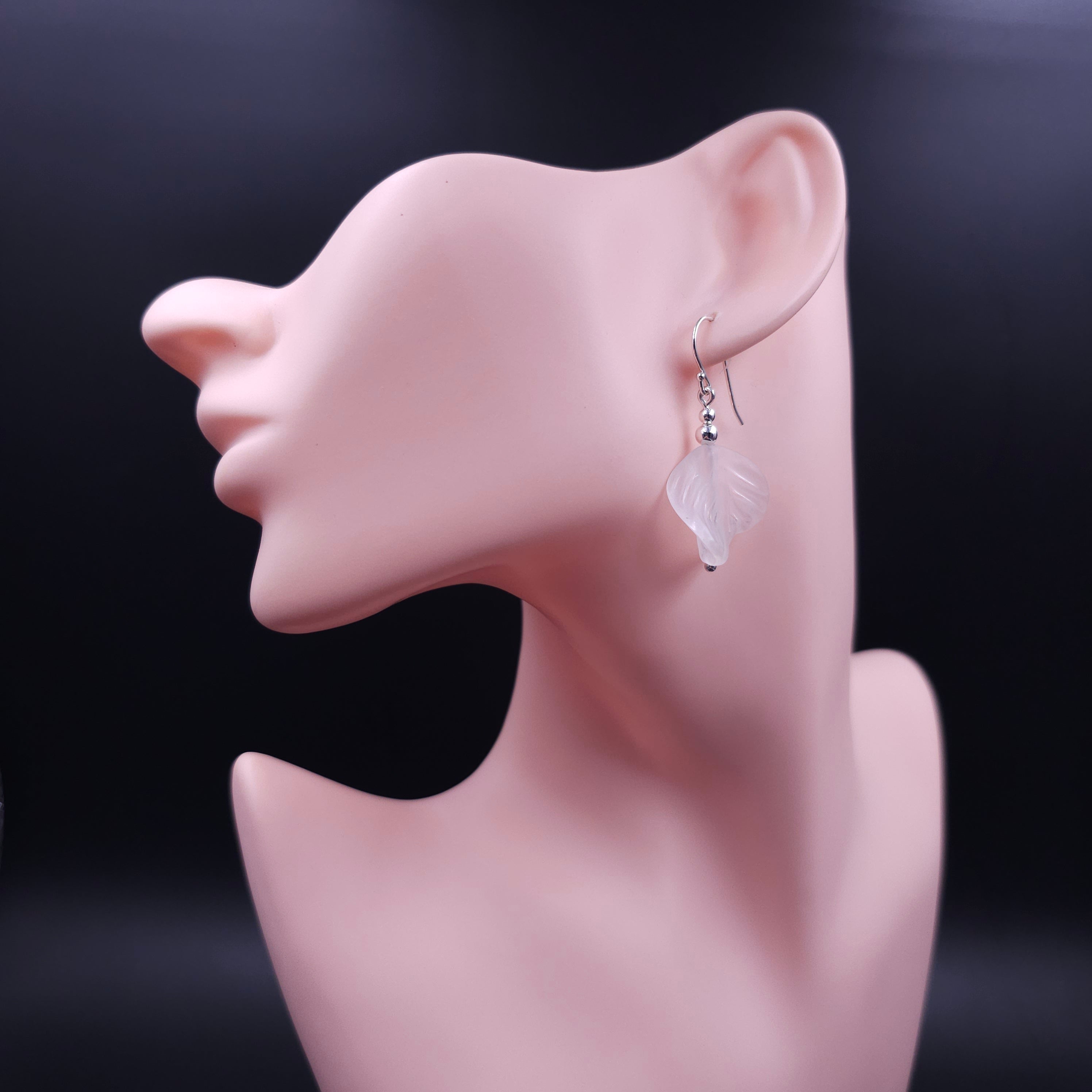 White wavy leaf bead earrings sterling silver