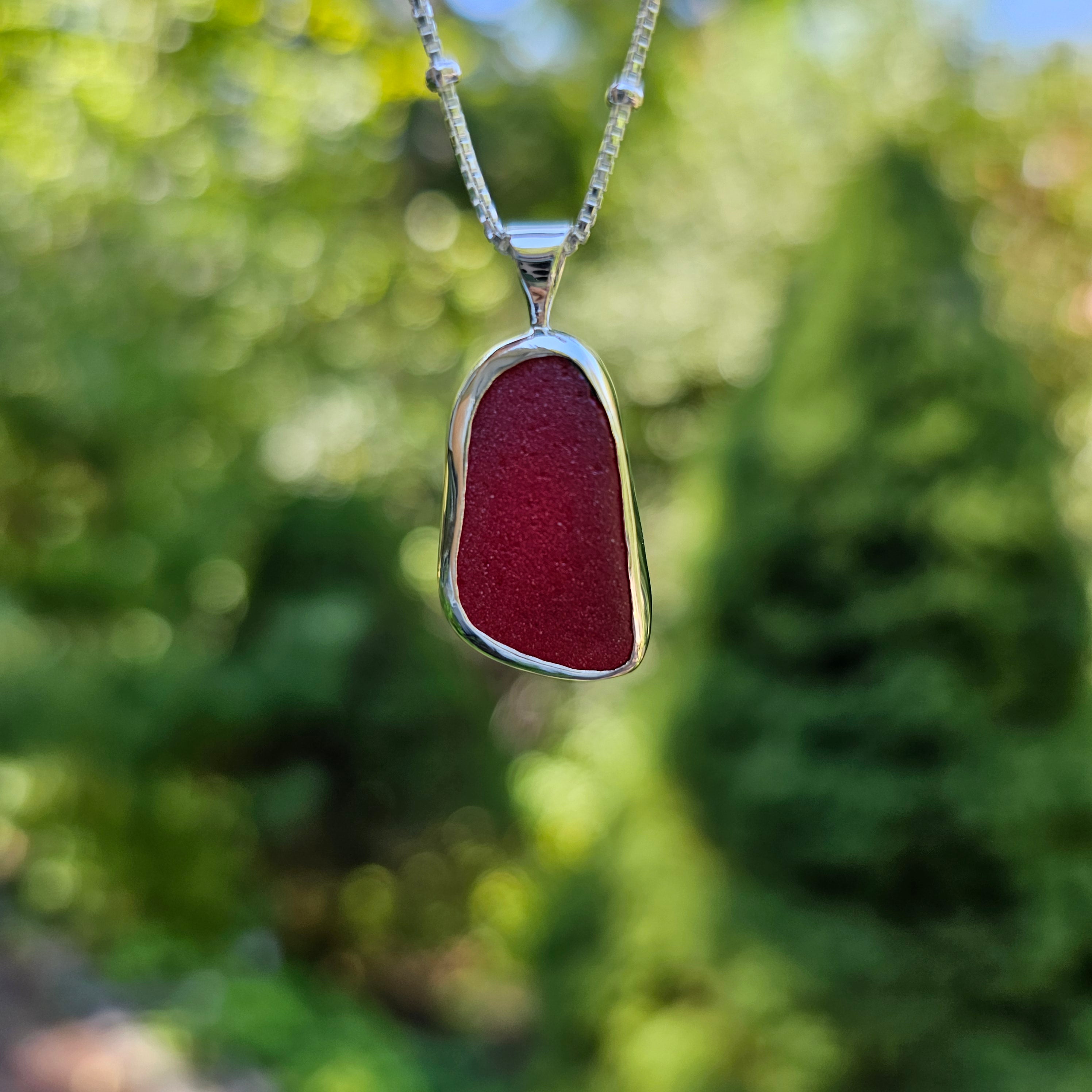 Bezel set genuine red sea glass necklace