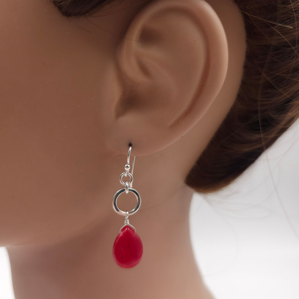 Red teardrop with sterling circle earrings