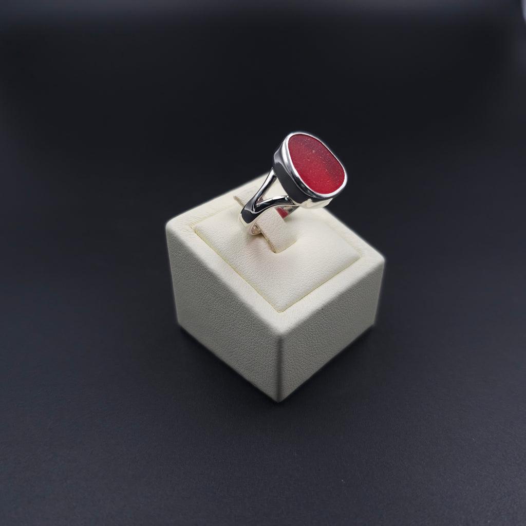 Genuine red sea glass sterling silver ring