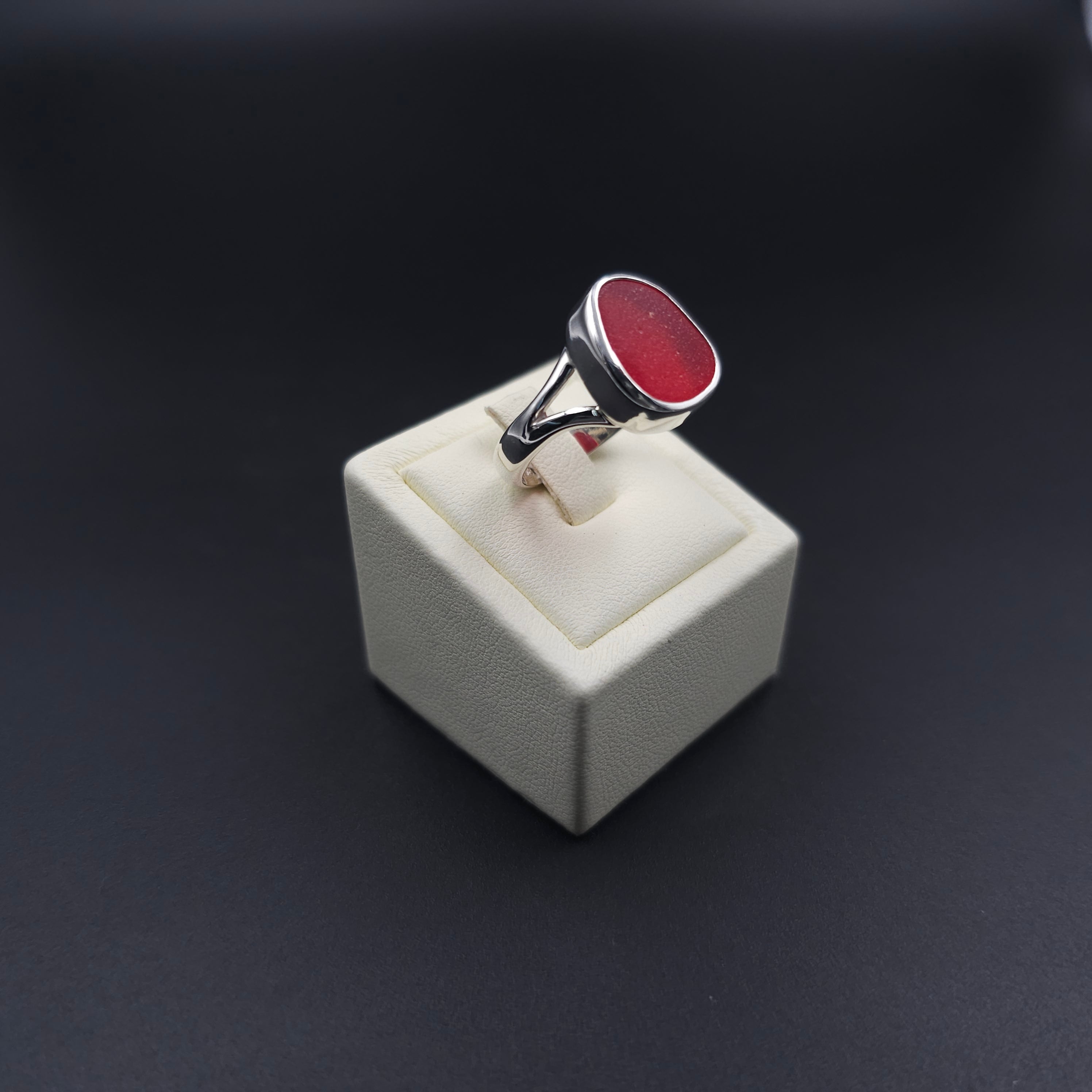 Genuine red sea glass sterling silver ring