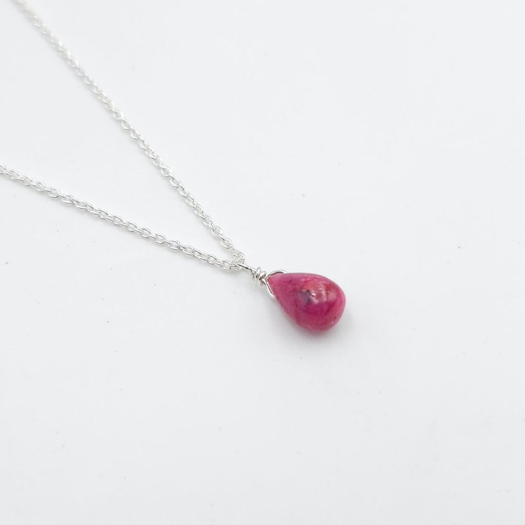 Tiny teardrop ruby sterling silver necklace