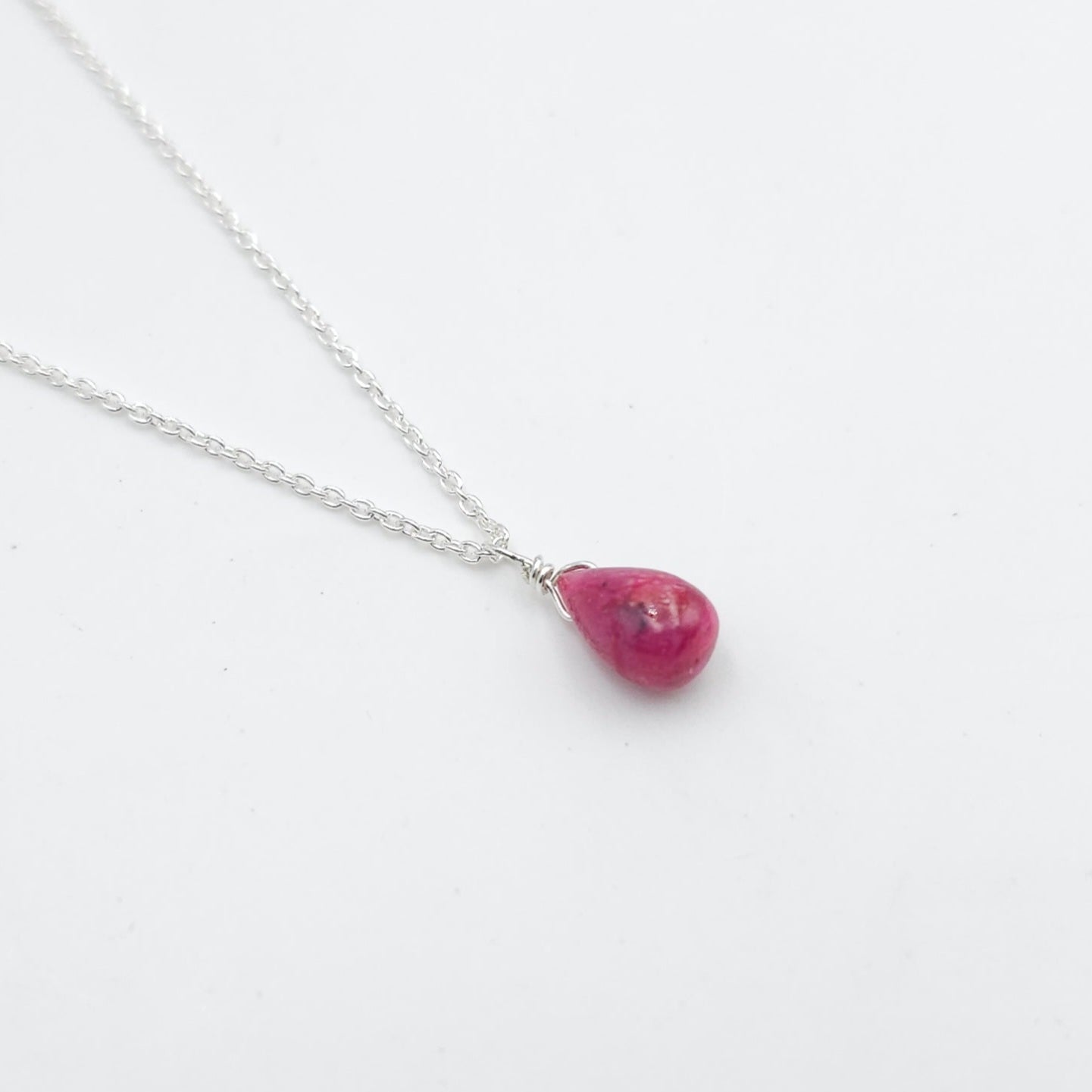 Tiny teardrop ruby sterling silver necklace