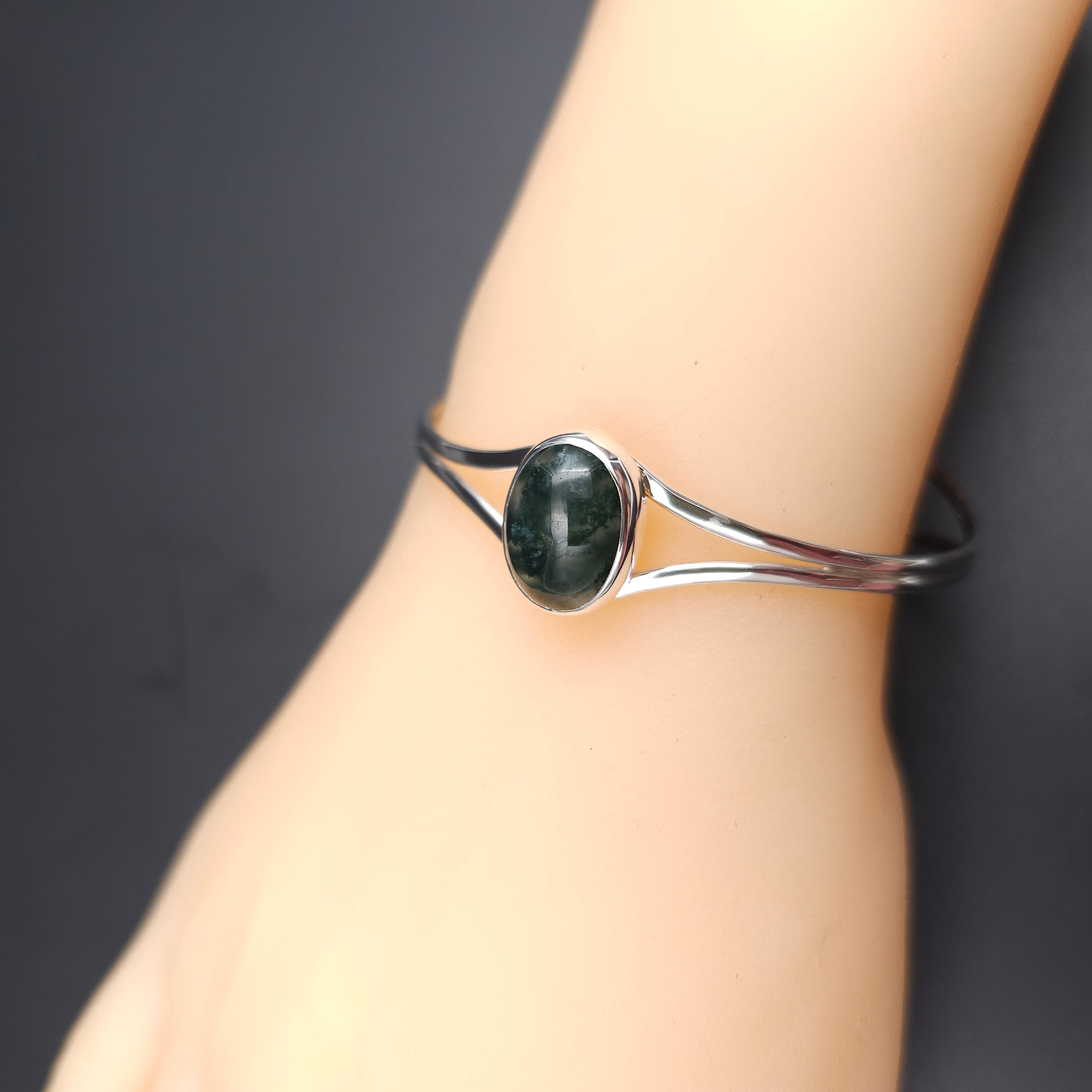 Oval moss agate bezel set wire cuff sterling silver bracelet