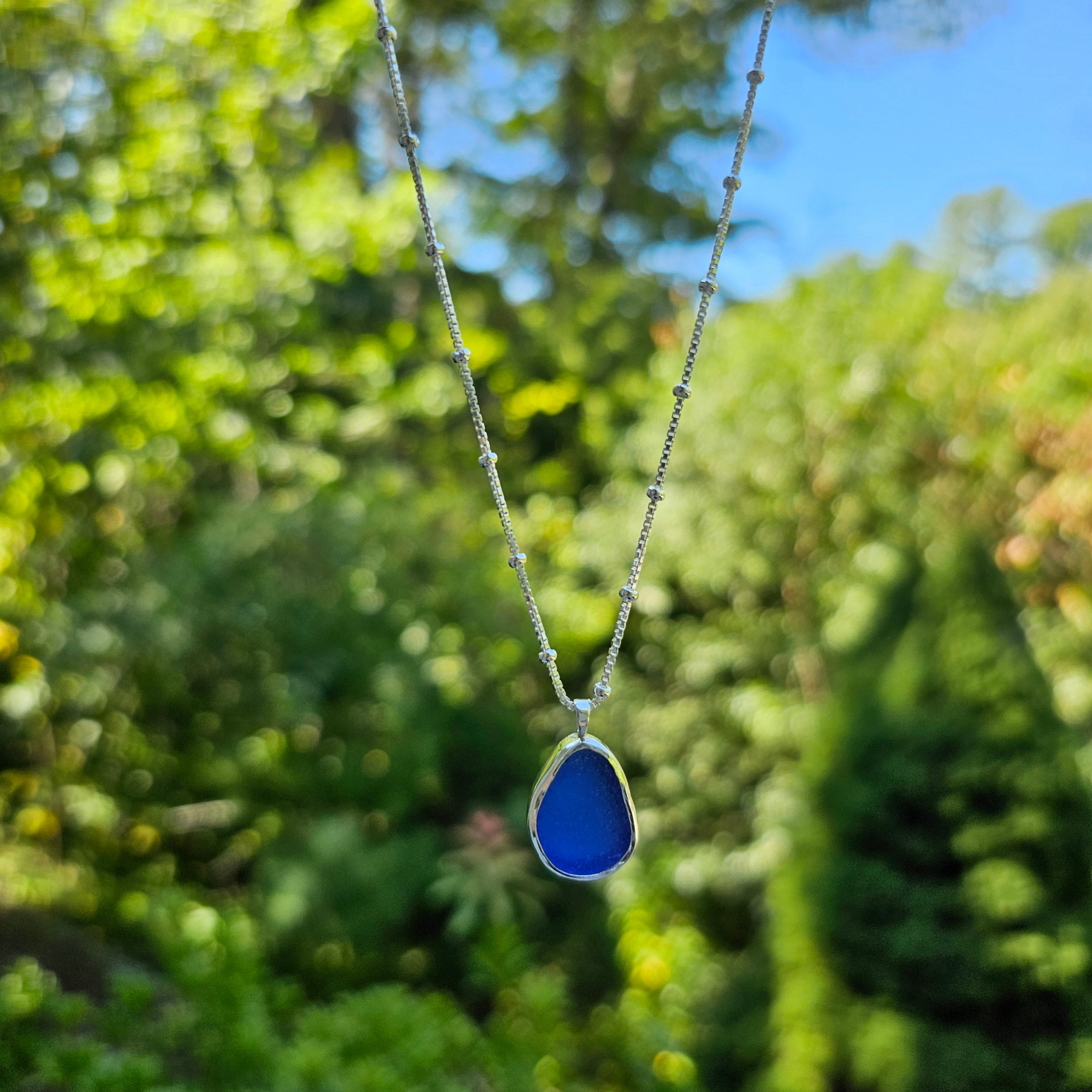Cobalt blue bezel set genuine sea glass necklace