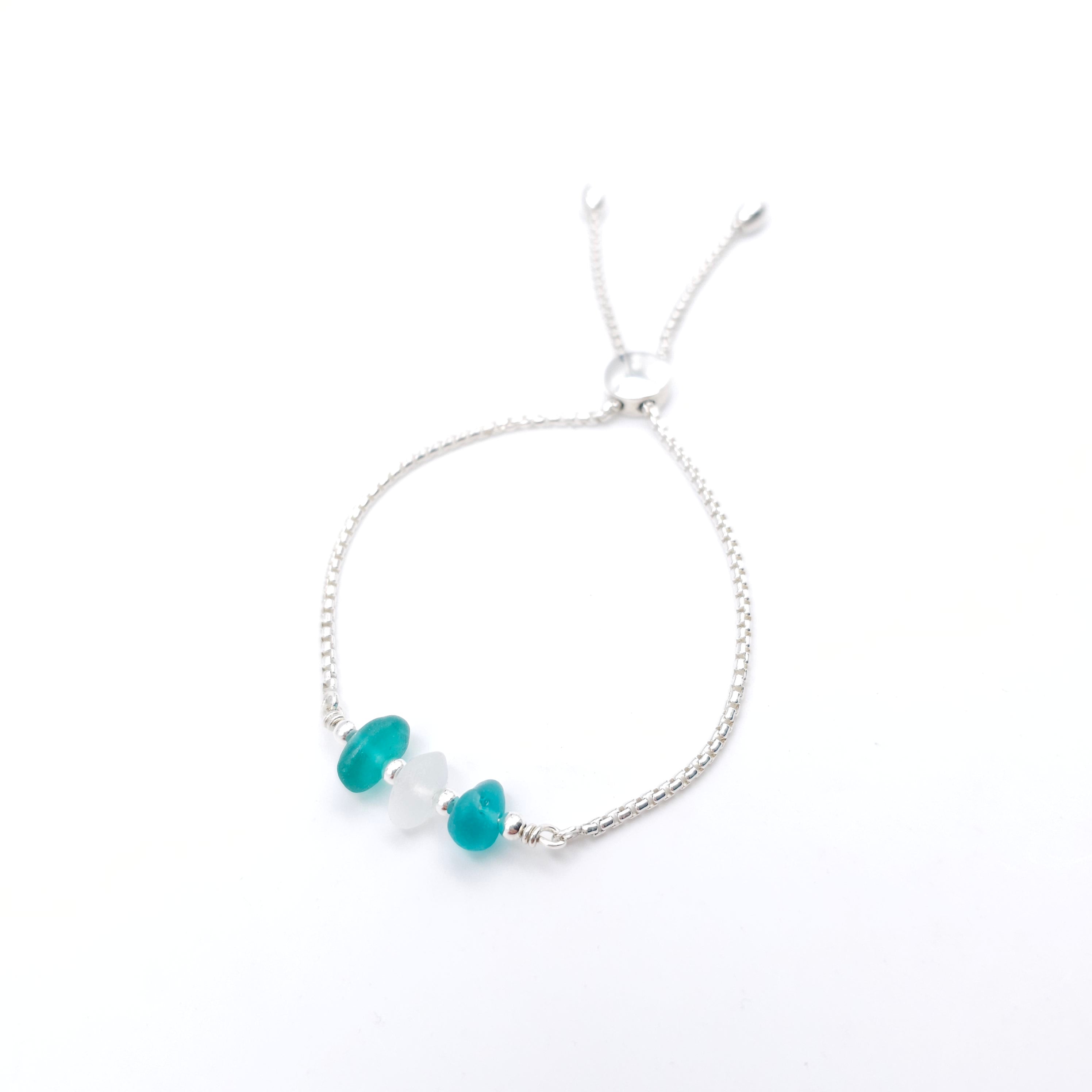 White and teal sea glass adjustable slider bracelet