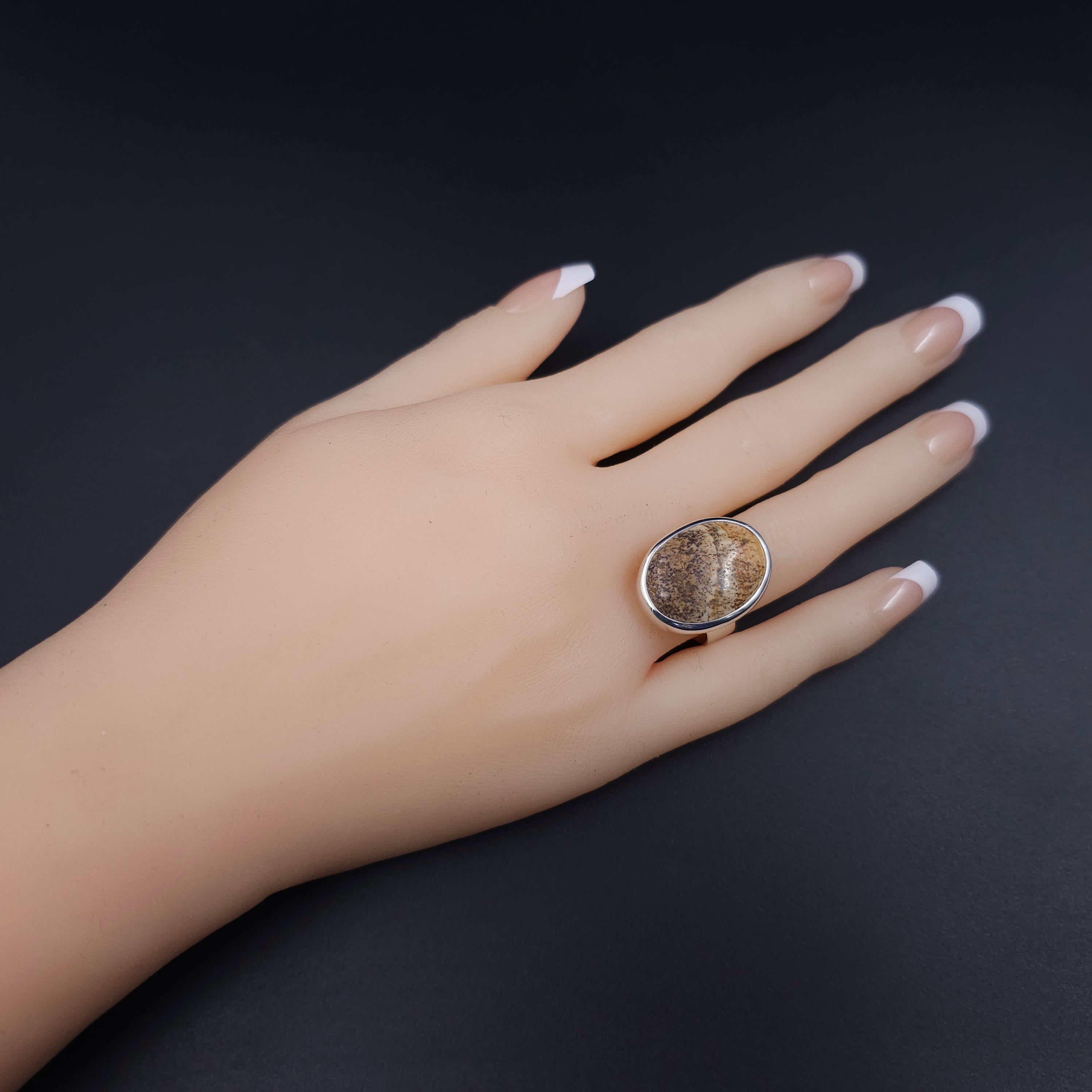 Large oval Jasper bezel set sterling silver ring