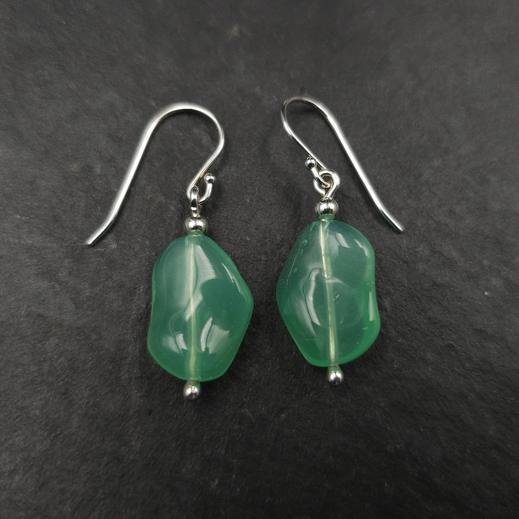 freeform oval like shaped translucent green bead silver dangle earrings with french earring wires