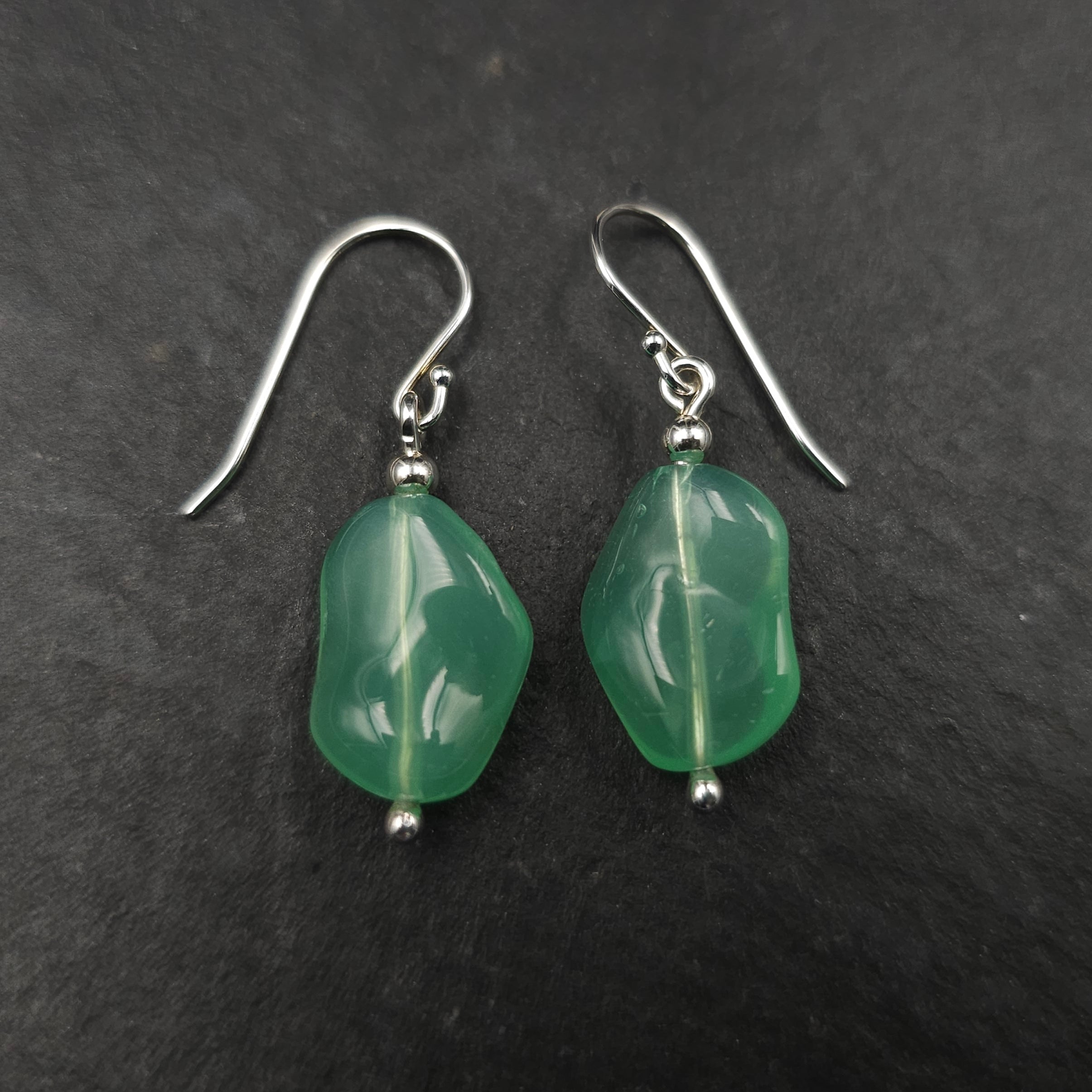 freeform oval like shaped translucent green bead silver dangle earrings with french earring wires