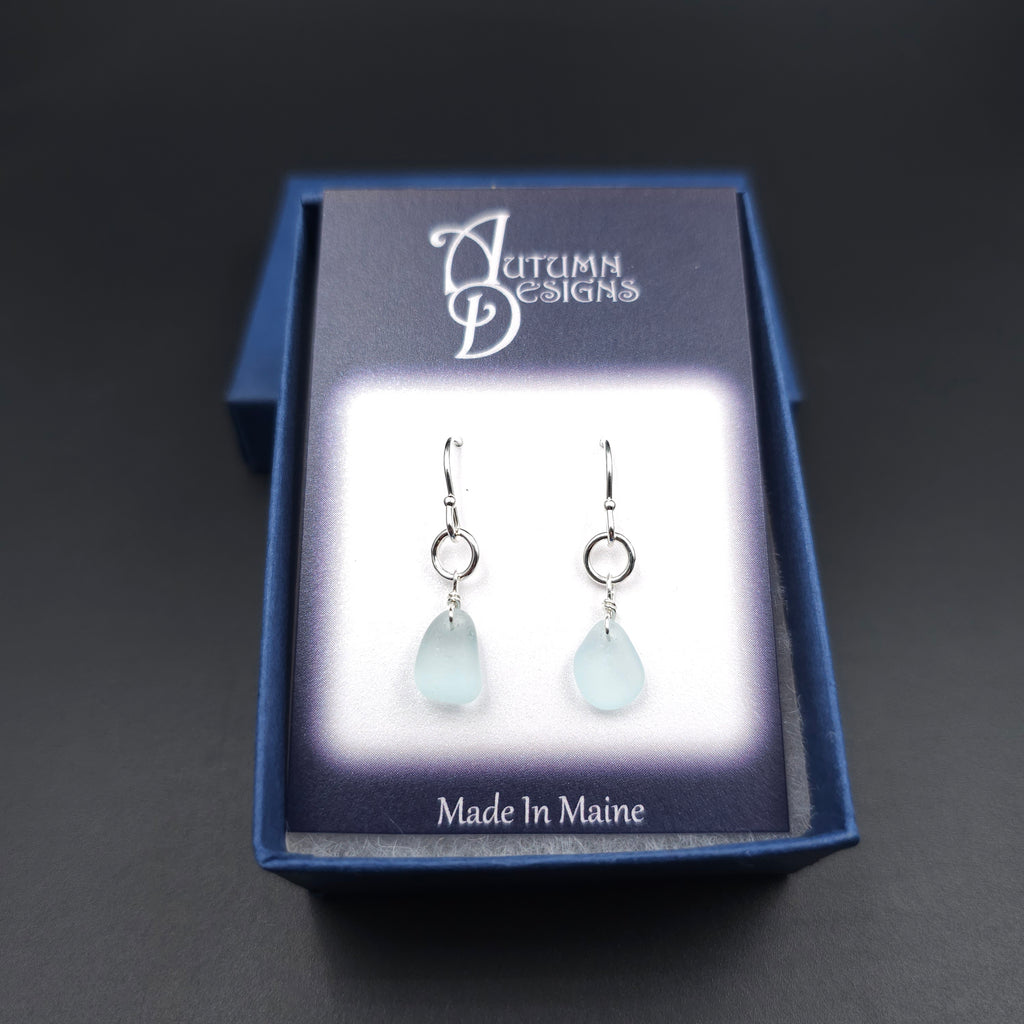 Aqua sea glass sterling silver earrings with silver circle accent