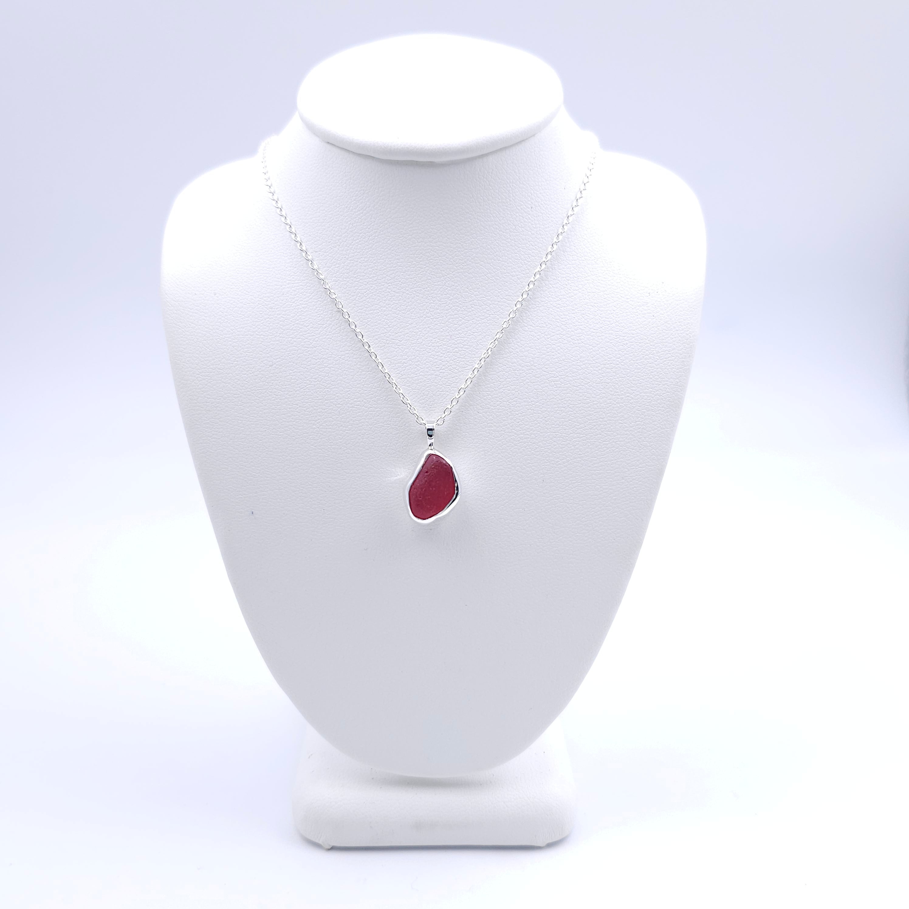 Small genuine red sea glass bezel set necklace