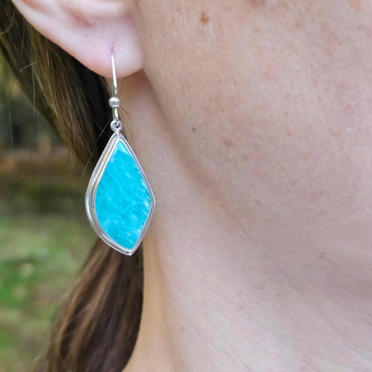 Amazonite statement bezel set sterling silver dangle earrings