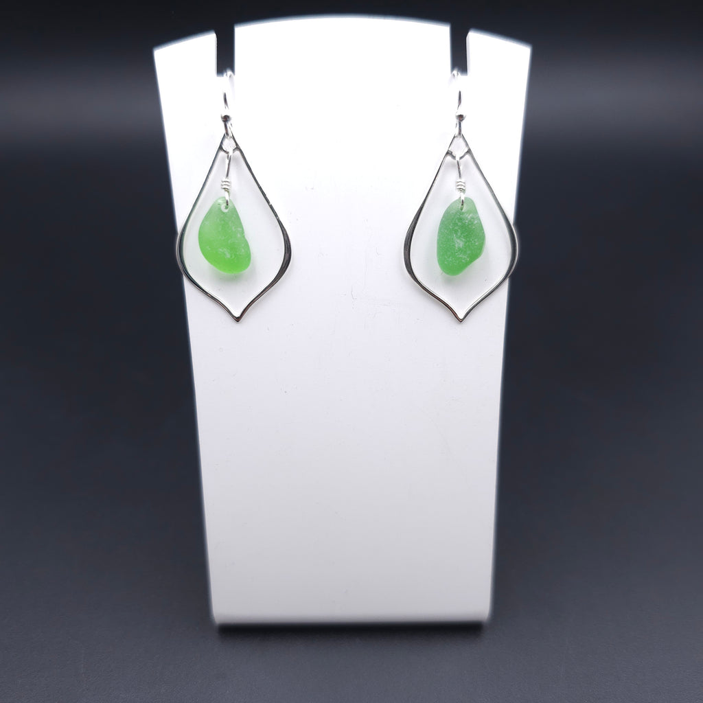 Green sea glass pointed teardrop sterling silver earrings