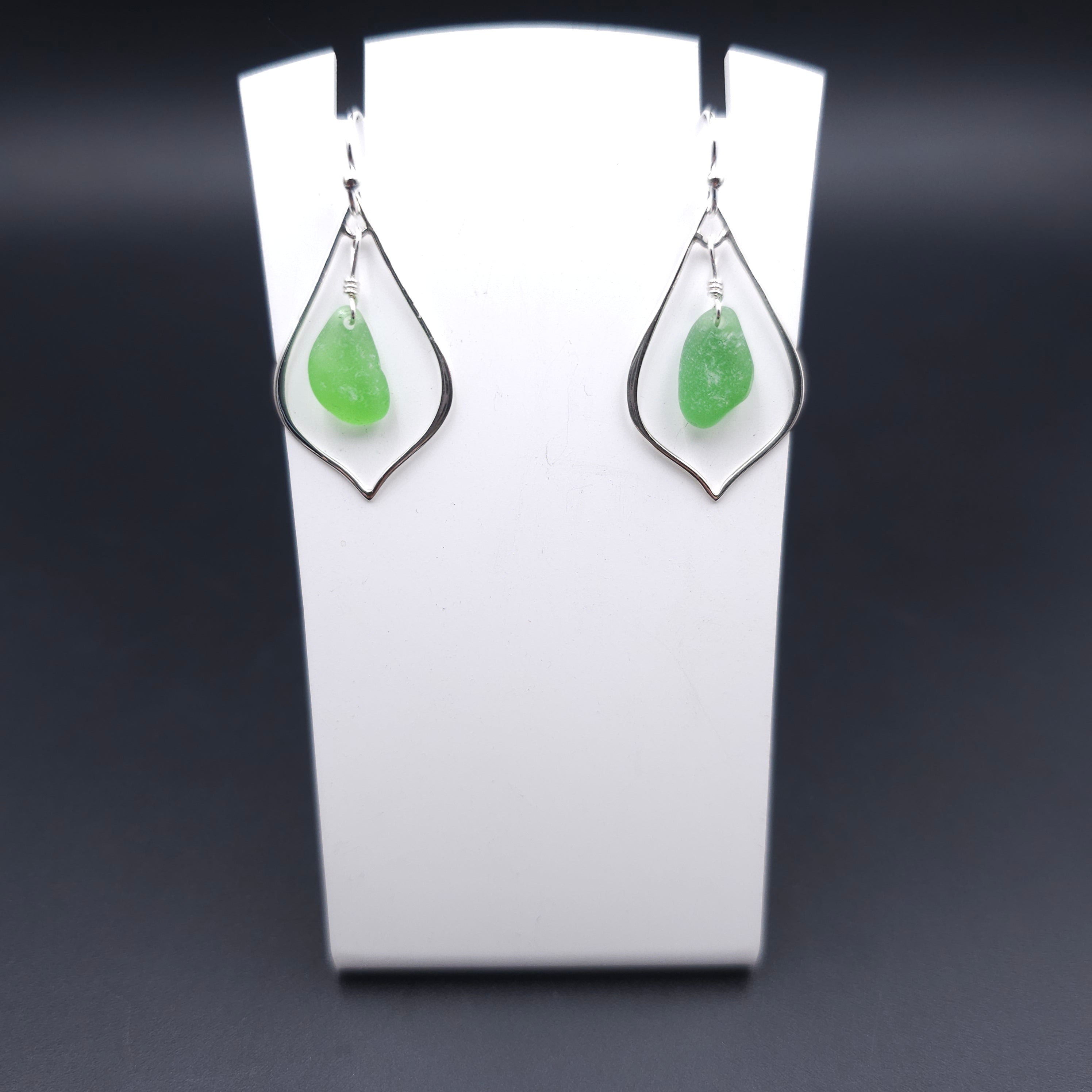 Green sea glass pointed teardrop sterling silver earrings