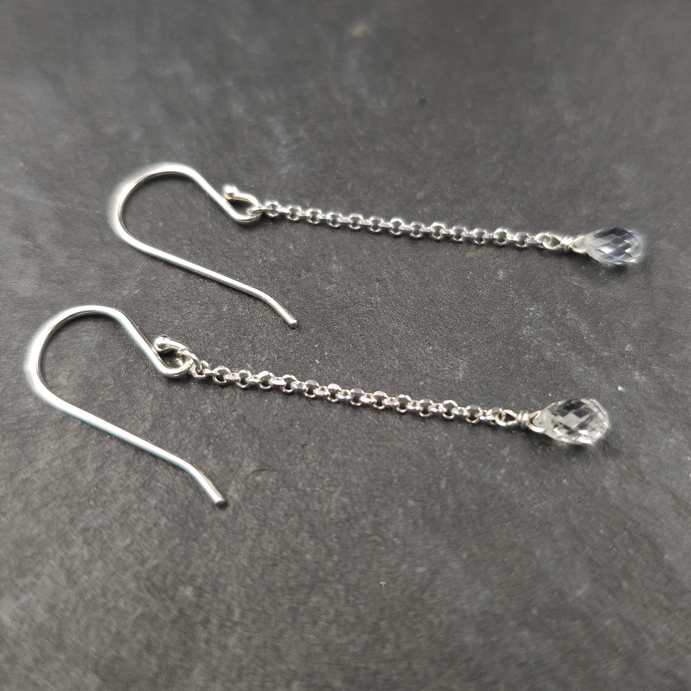 White sapphire briolette sterling silver long dangle earrings