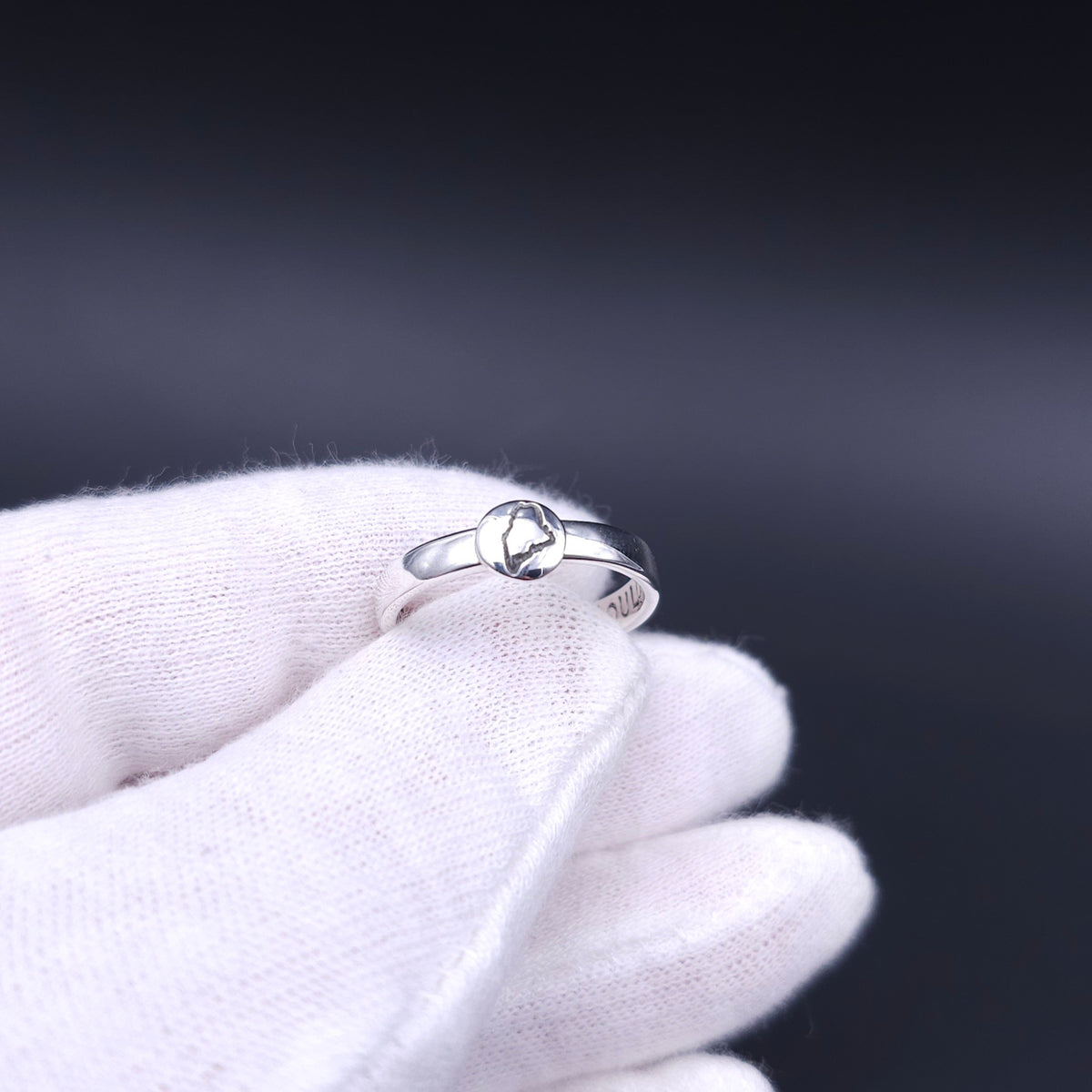 Silver ring with a domed circle with the outline of the state of Maine attached to the ring shank.