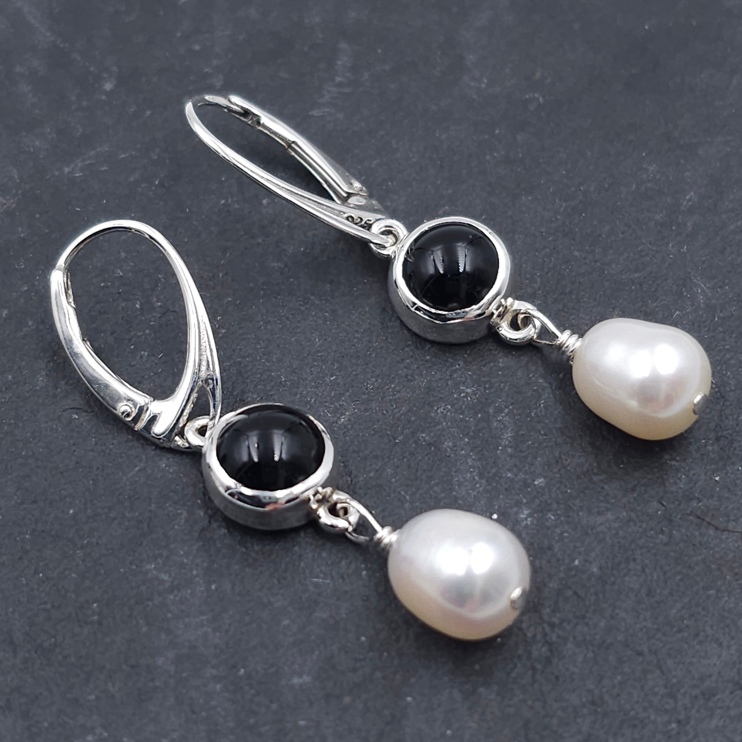 Black onyx and fresh water pearl sterling silver earrings