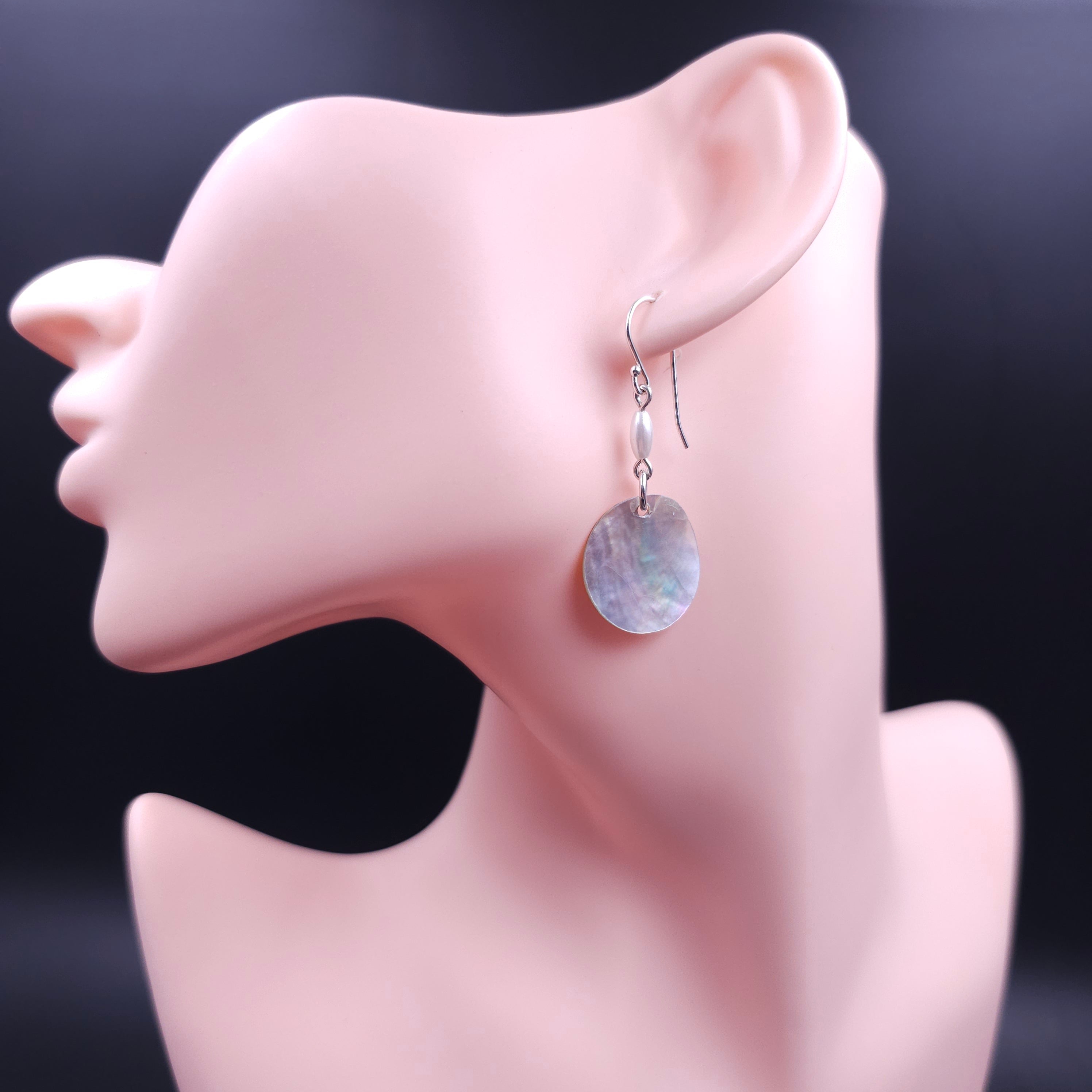 Sterling silver earrings with round shell and faux pearl beads