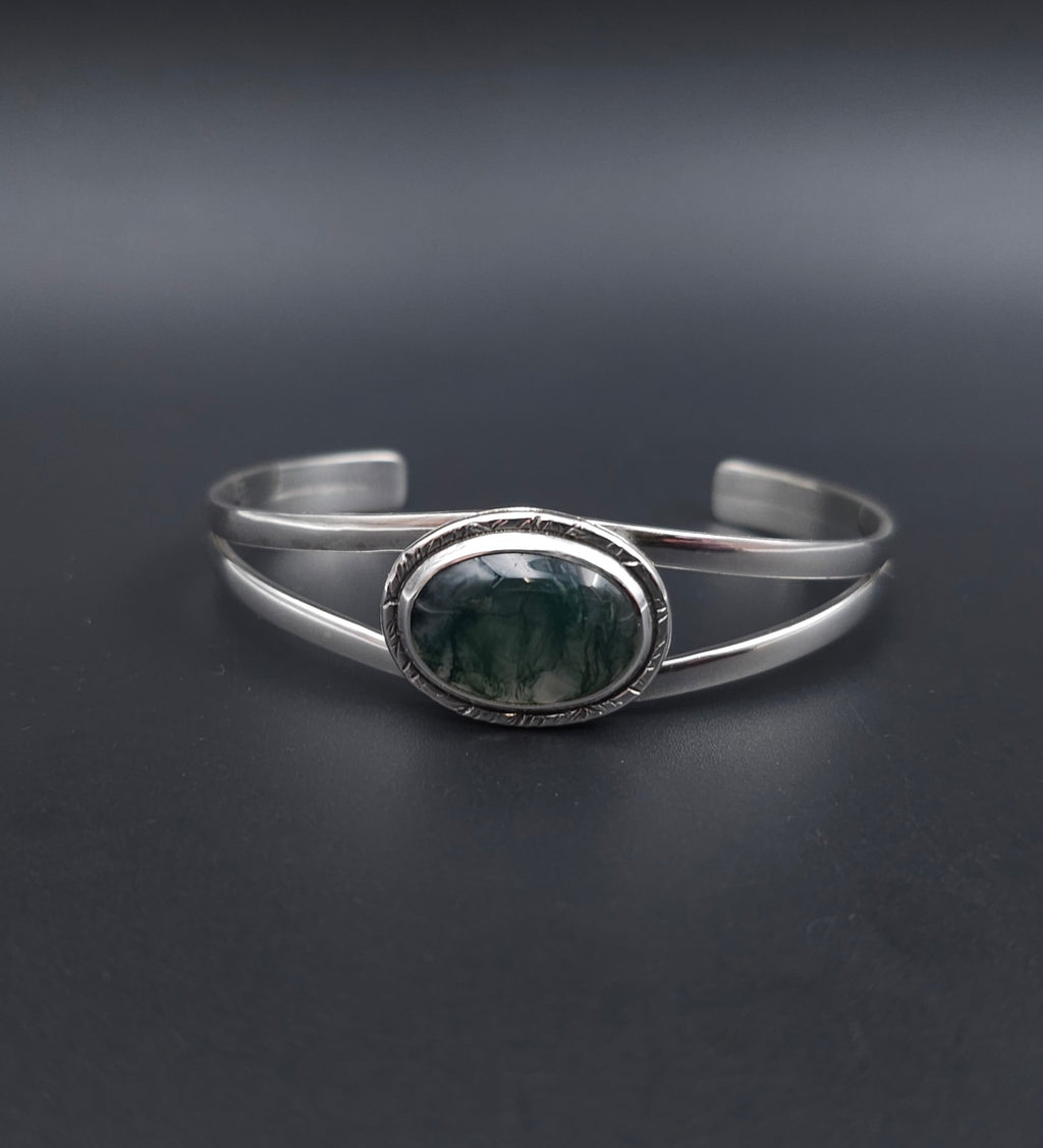 Moss agate bezel set open cuff sterling silver bracelet