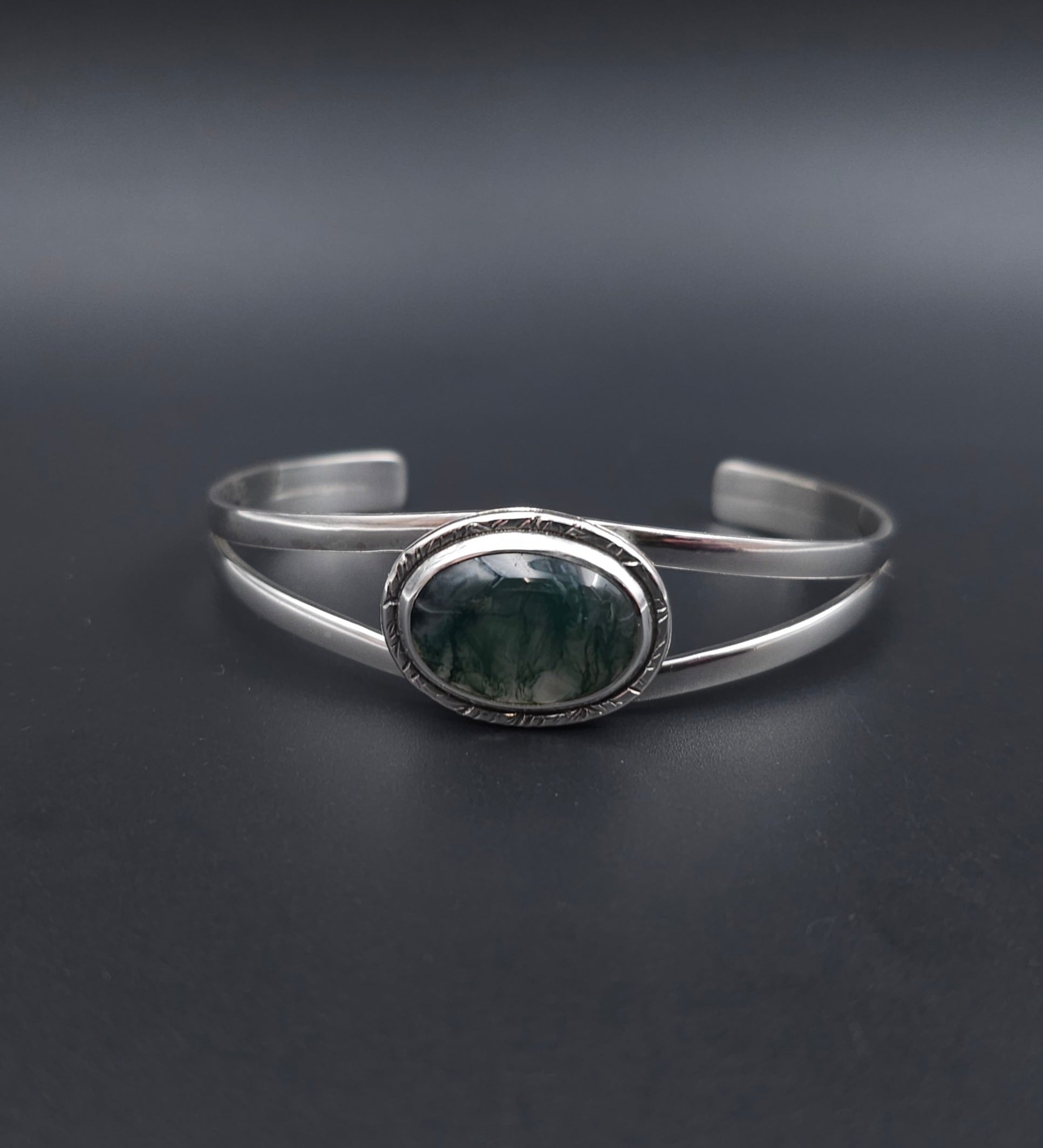 Moss agate bezel set open cuff sterling silver bracelet