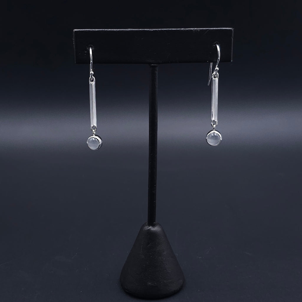 Dangle silver square bar earrings with round bezel set moonstones 