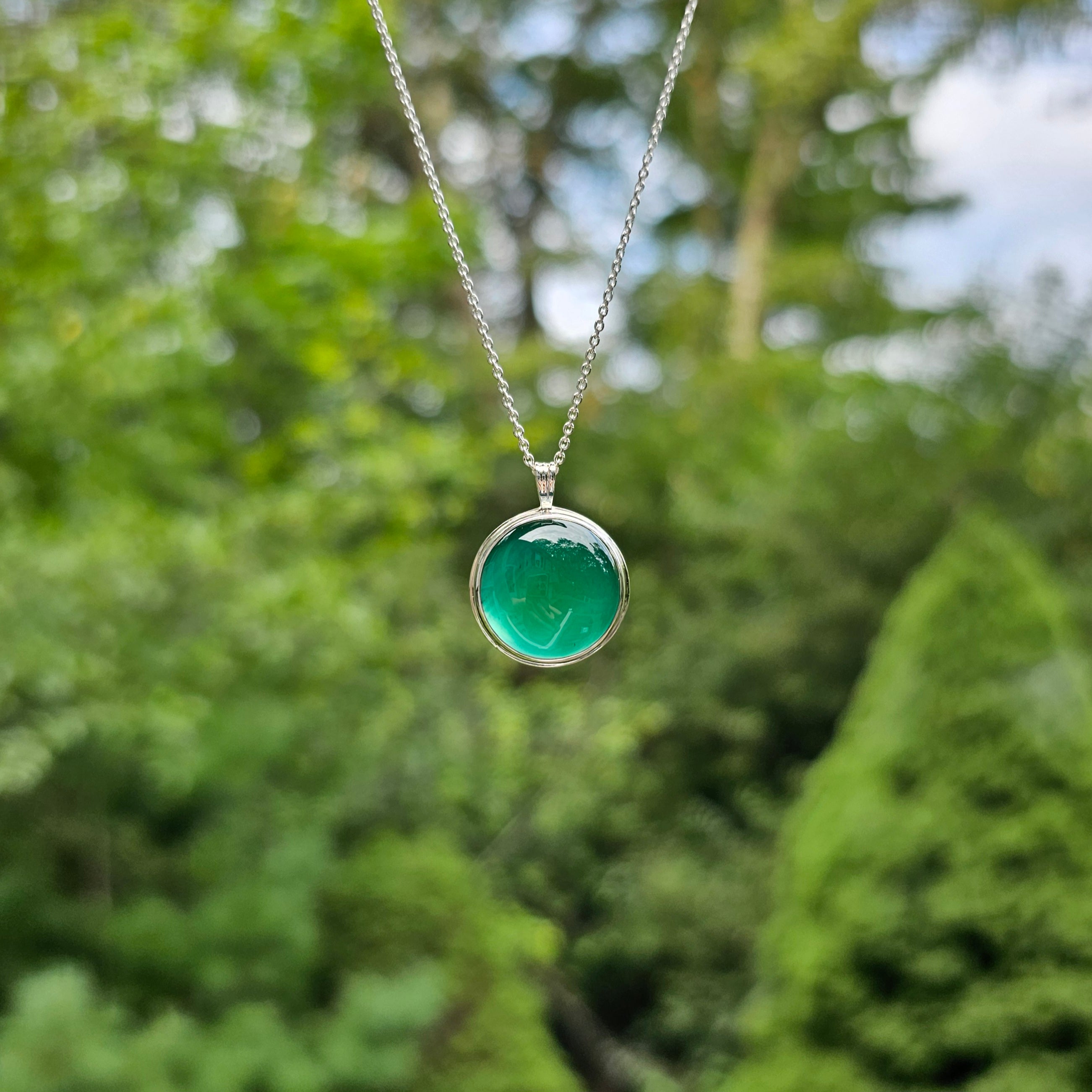 Green Onyx bezel set sterling silver necklace