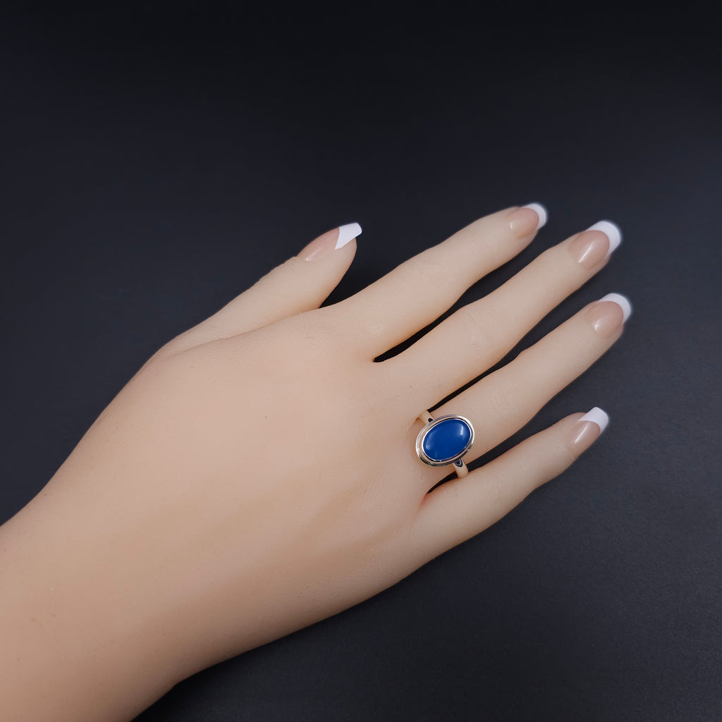 Blue agate oval bezel set sterling silver ring