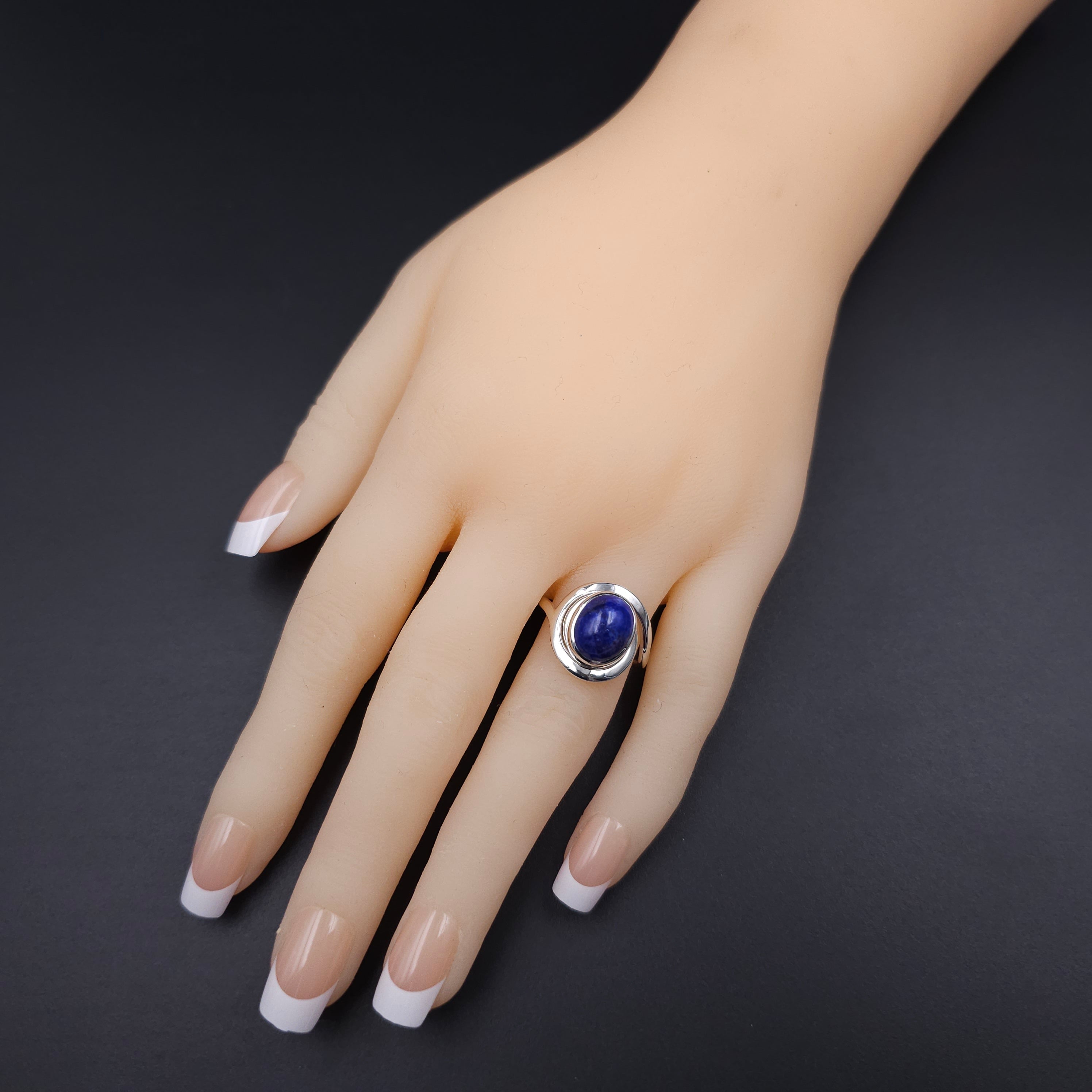 Silver spiral ring with lapis