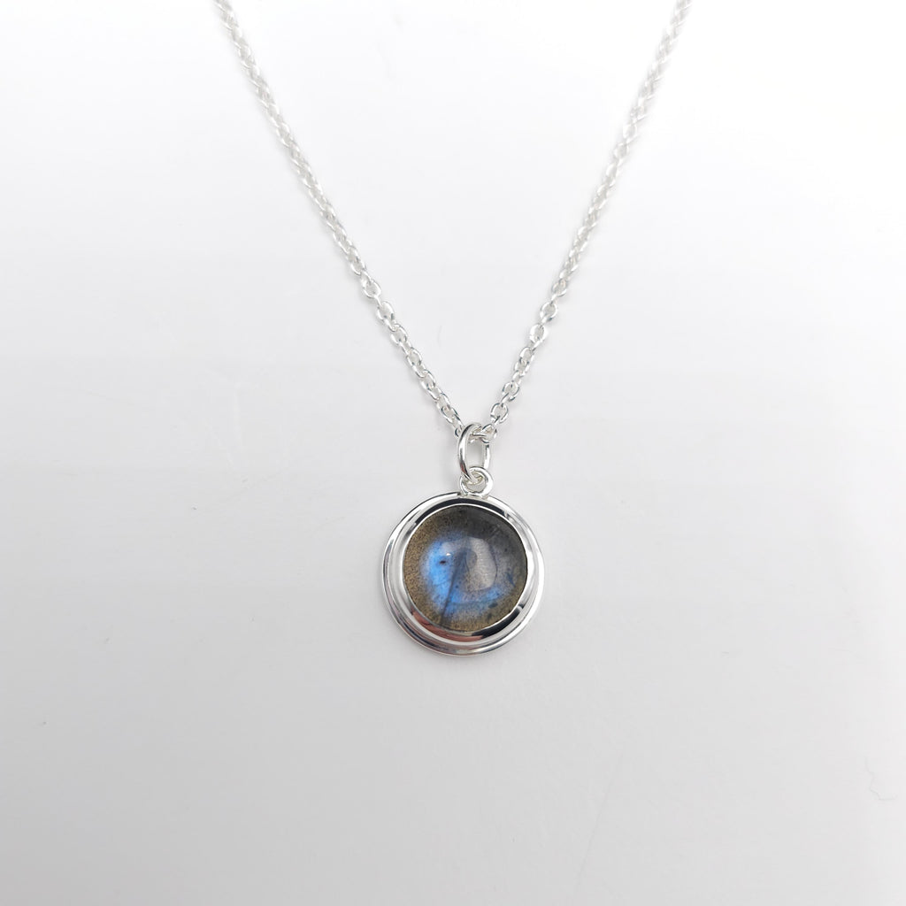 Round labradorite bezel set sterling silver necklace
