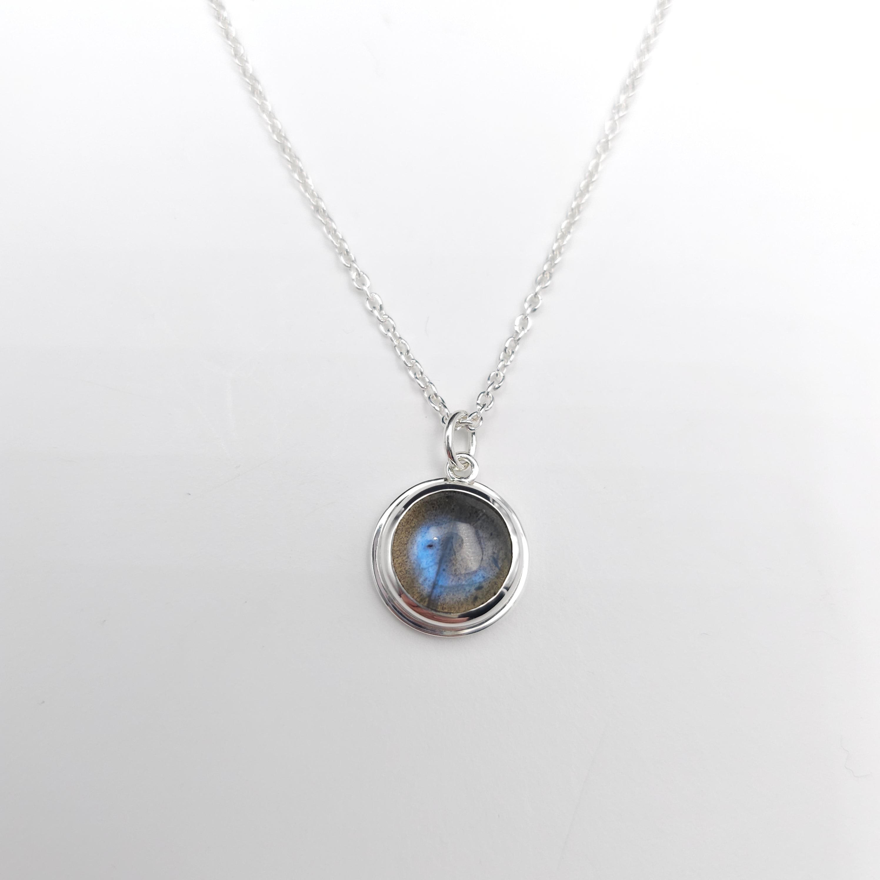 Round labradorite bezel set sterling silver necklace