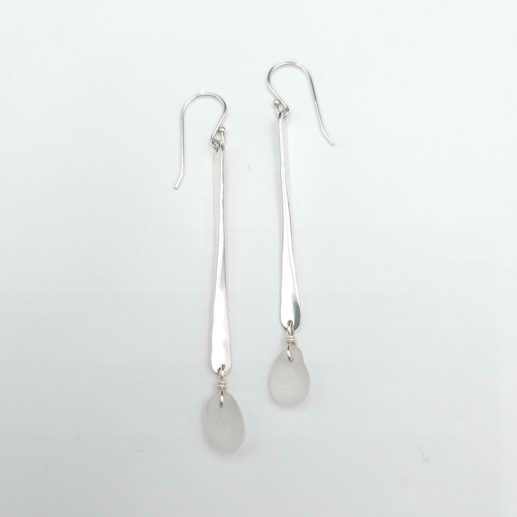 Long hammered dangle earrings with white sea glass