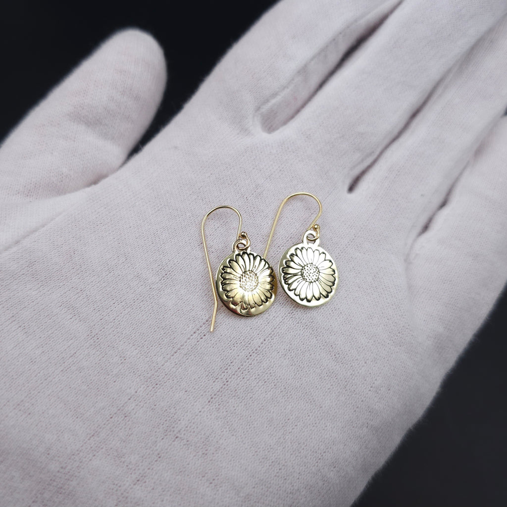Daisy design brass dangle earrings with gold-filled earring wires
