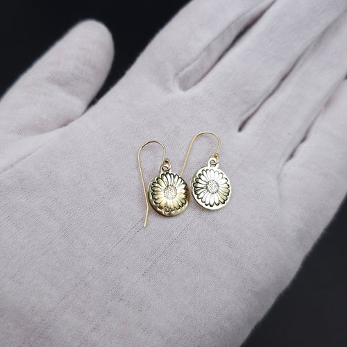 Daisy design brass dangle earrings with gold-filled earring wires
