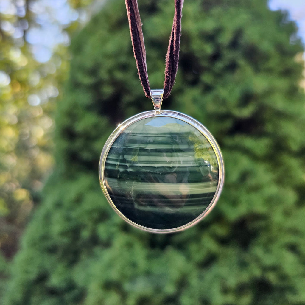 Green striped jasper bezel set sterling silver necklace