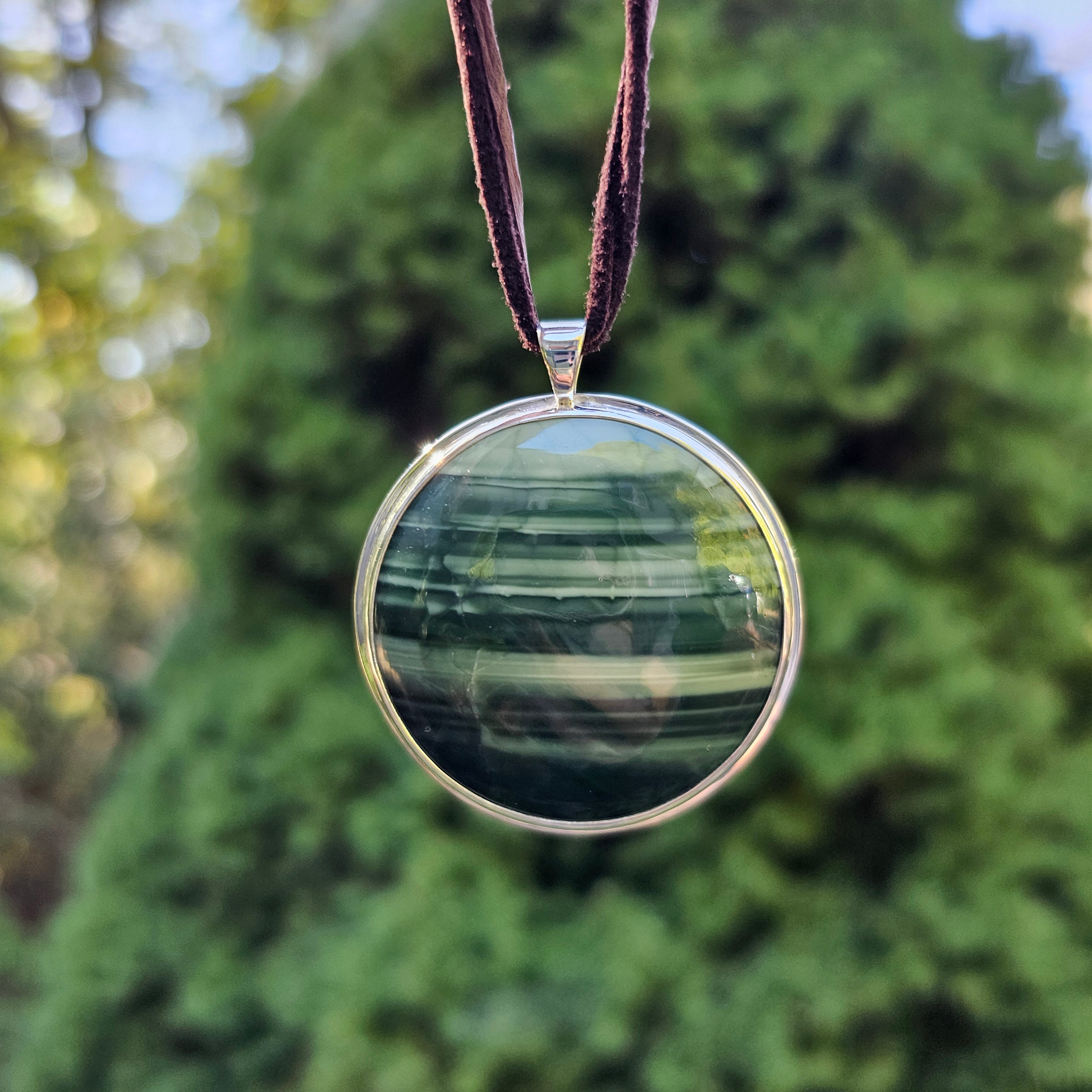 Green striped jasper bezel set sterling silver necklace