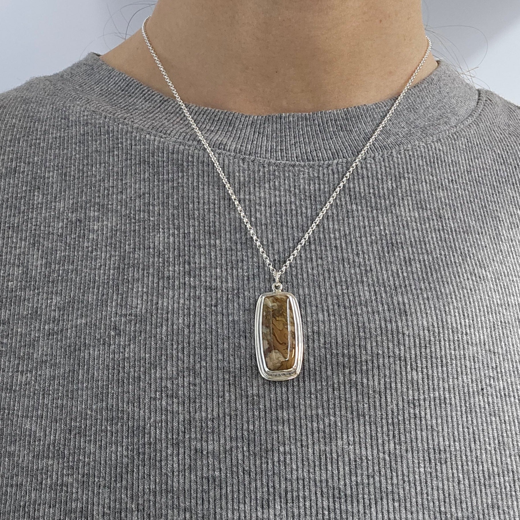 Bezel set rectangular Jasper sterling silver necklace