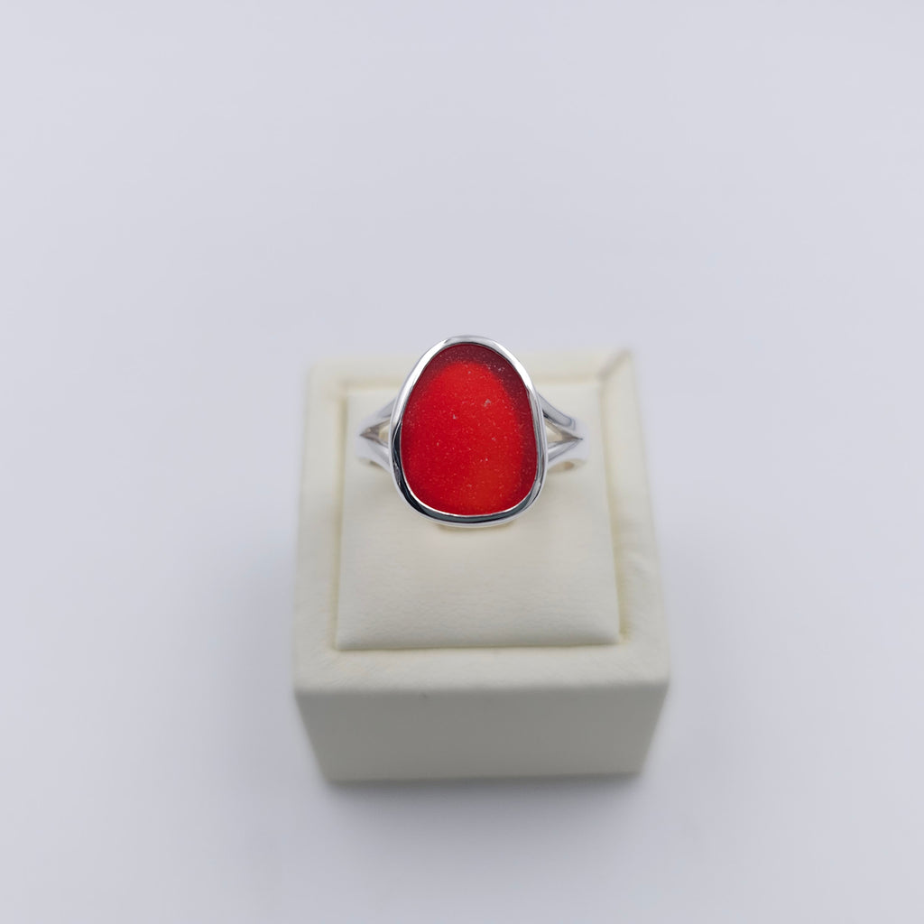 Genuine red sea glass sterling silver ring