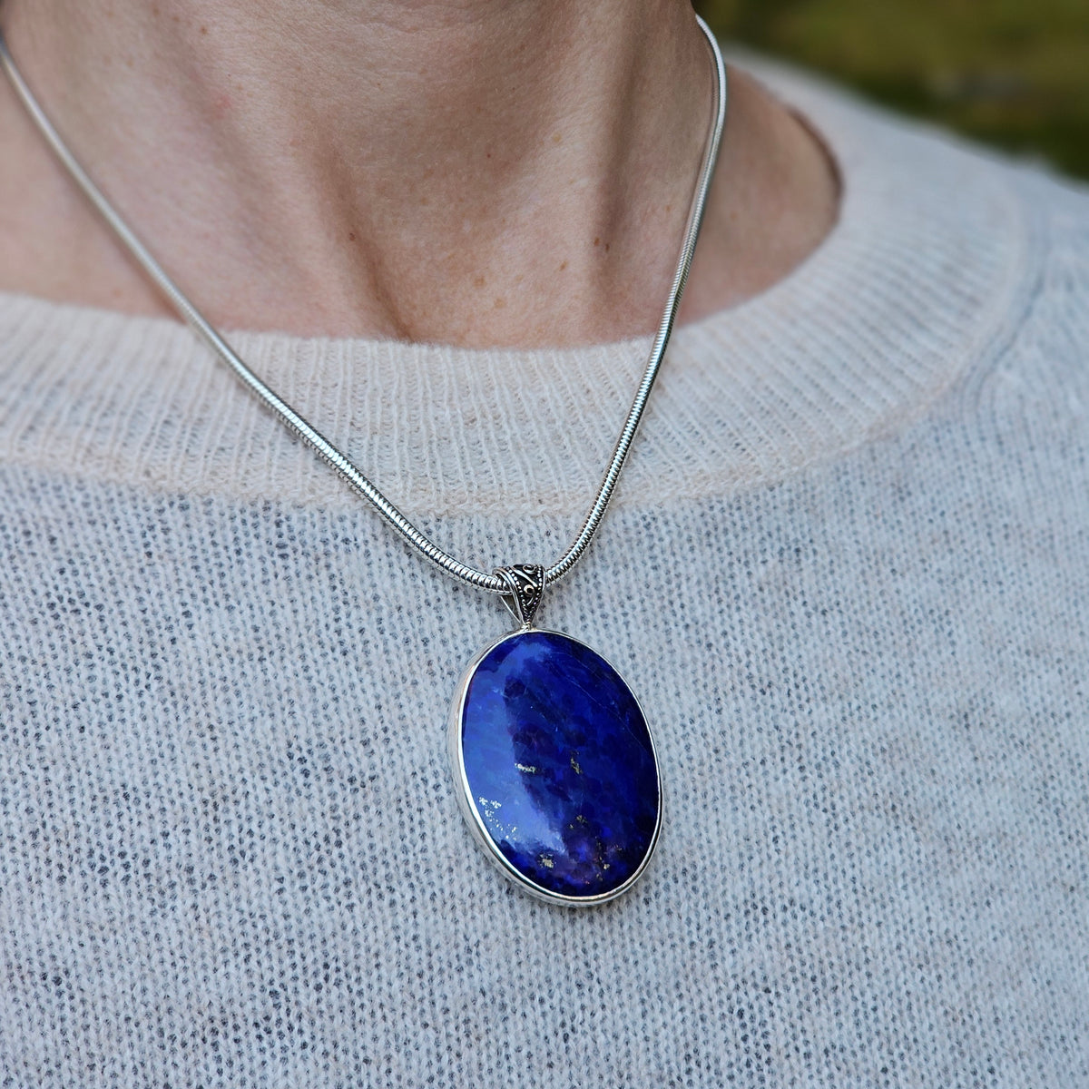 Lapis lazuli sterling silver large oval necklace
