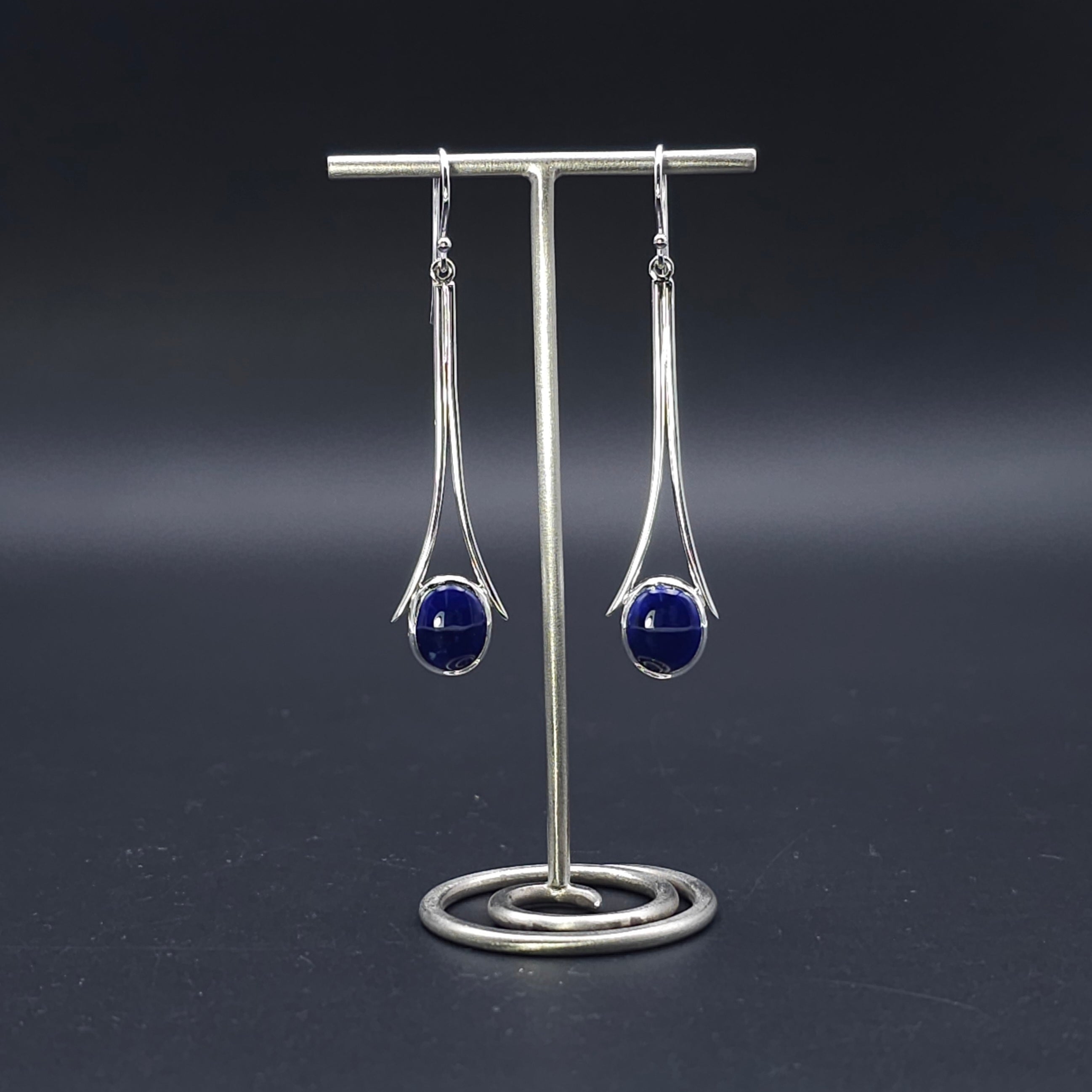 Long sterling silver earrings with bezel set Lapis lazuli