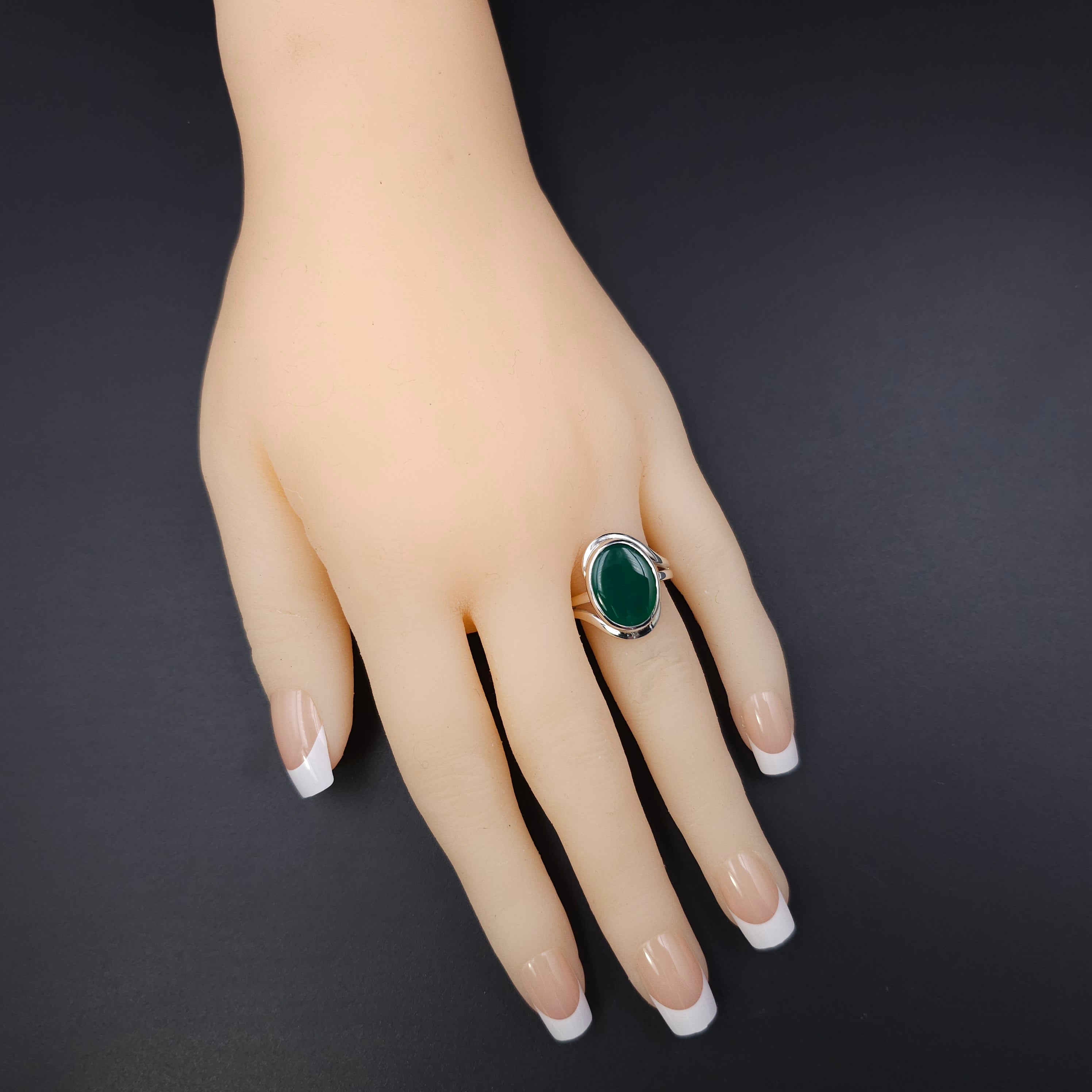 Green onyx bezel set sterling silver ring