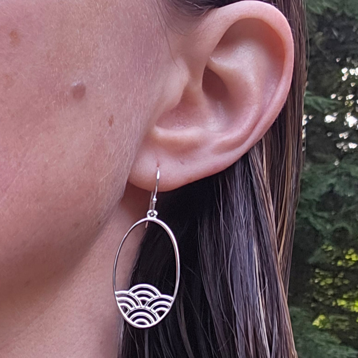 Sterling silver oval dangle earrings with Japanese wave pattern