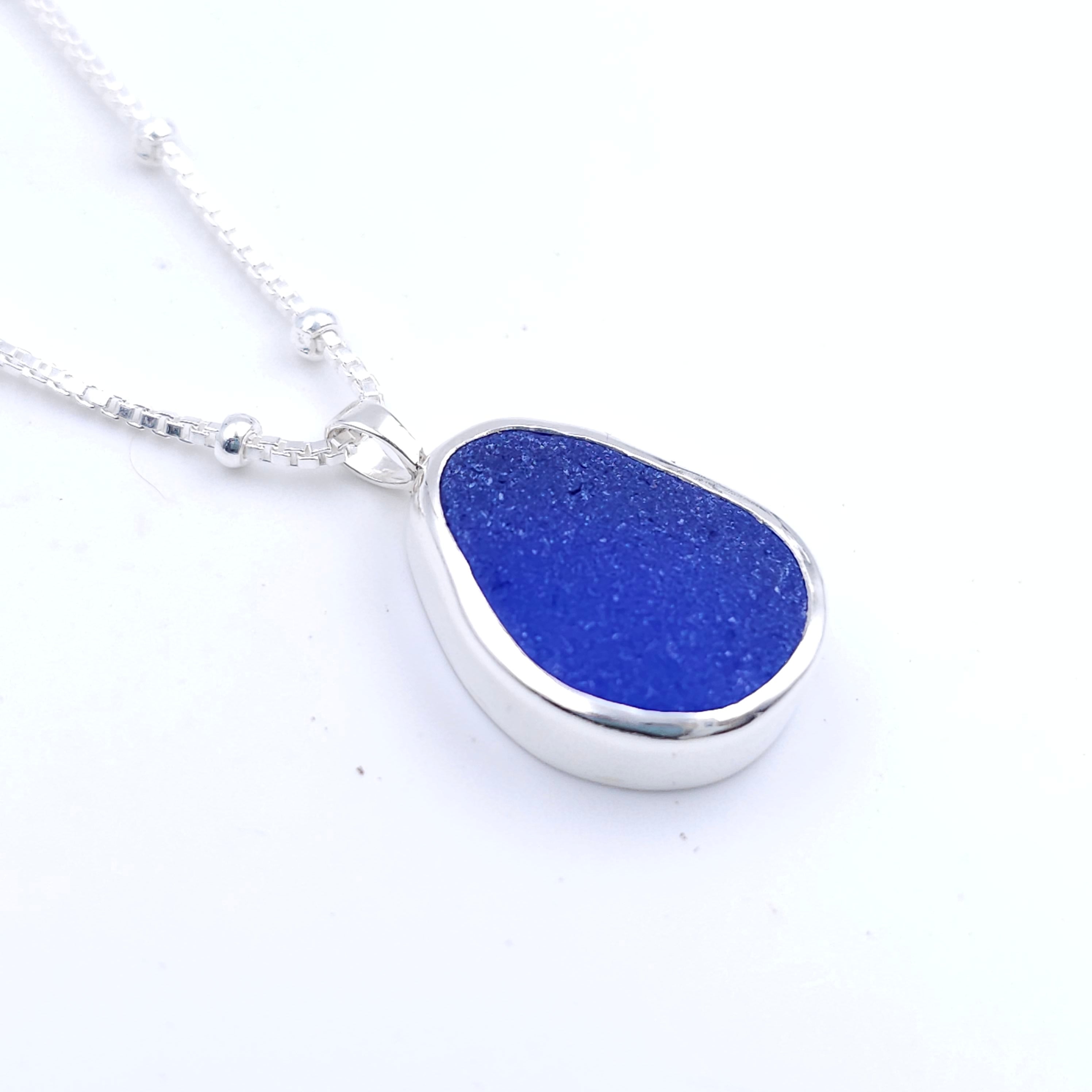 Cobalt blue bezel set genuine sea glass necklace