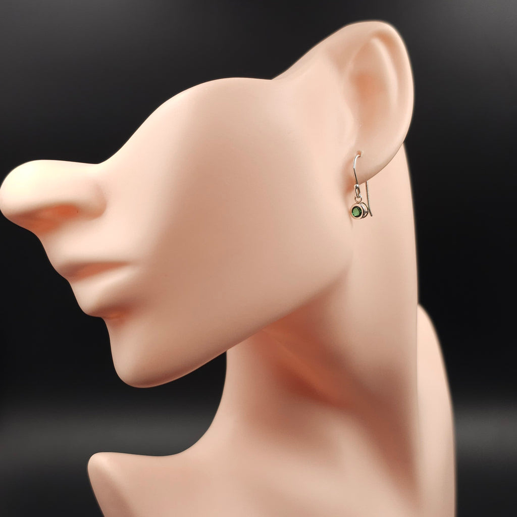 Simulated emerald petite dangle sterling silver earrings