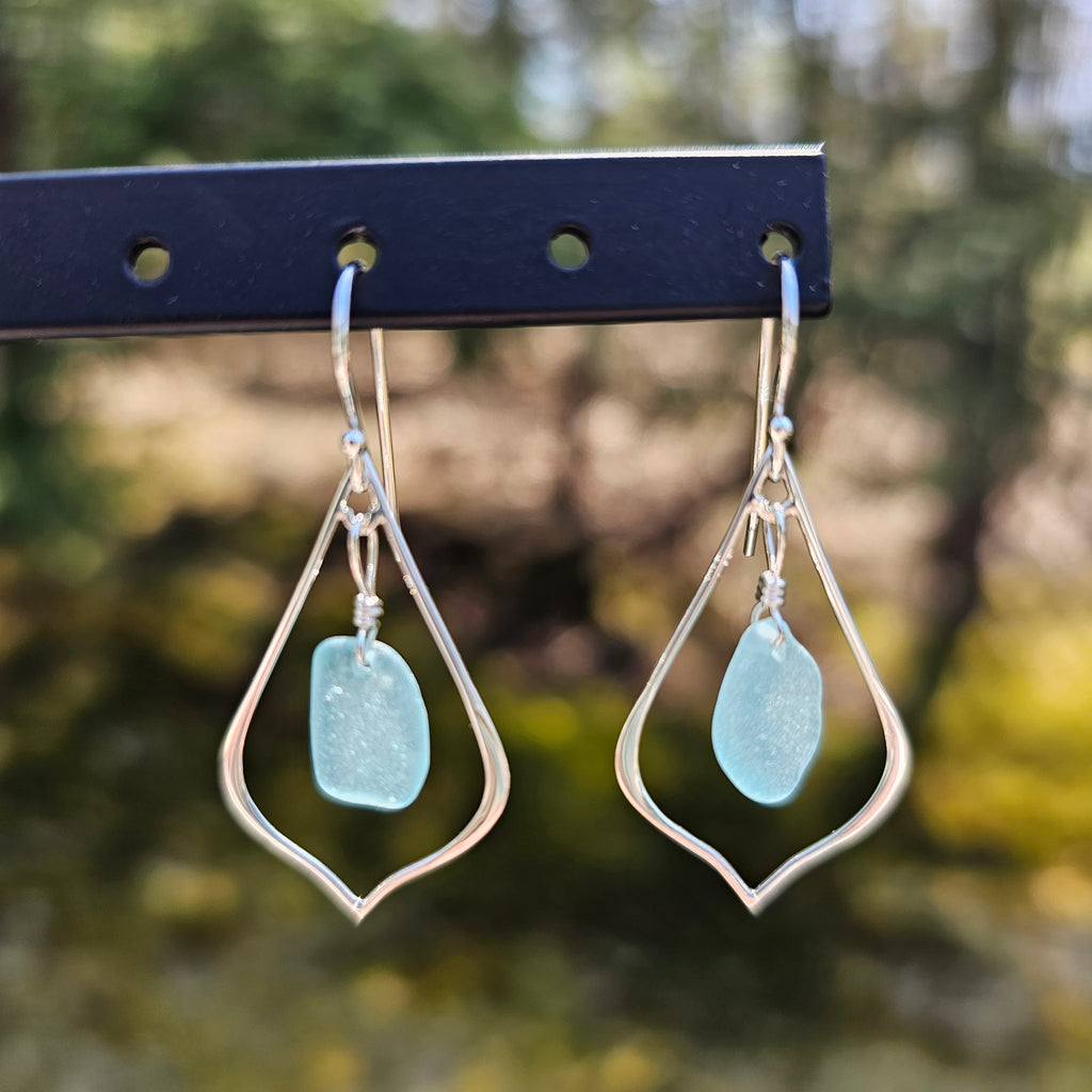 Sterling silver pointed teardrop earrings with light blue sea glass