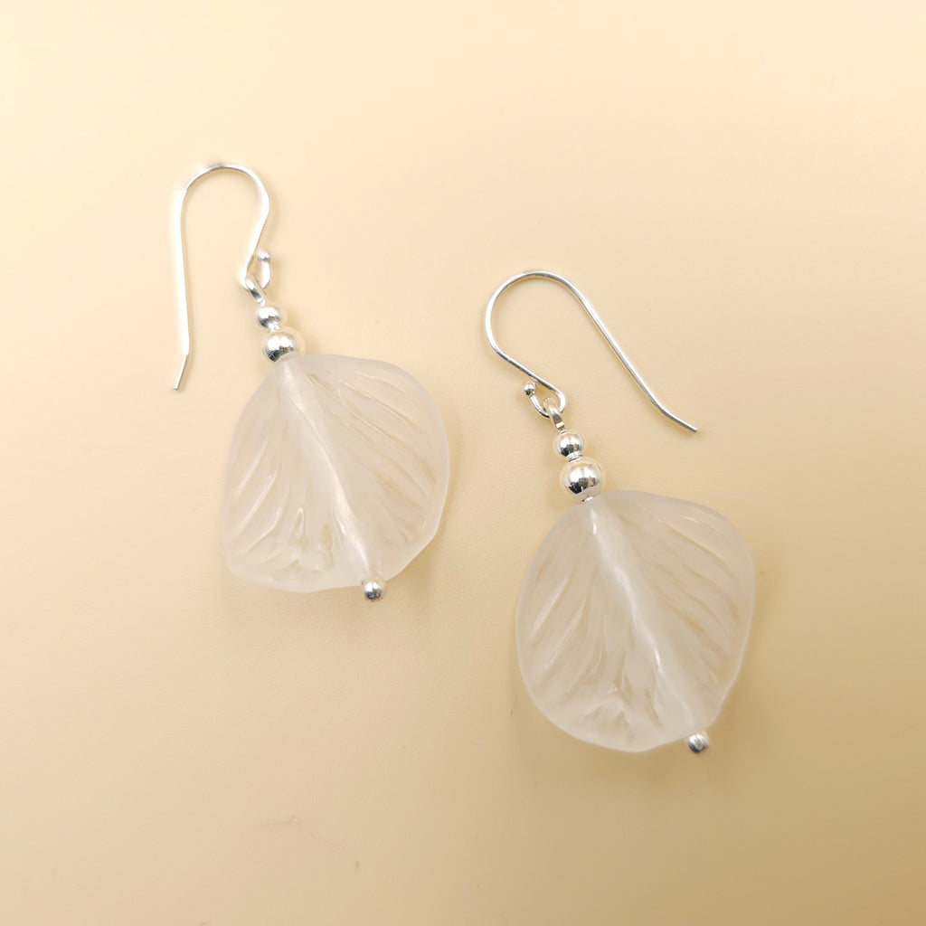 White wavy leaf bead earrings sterling silver