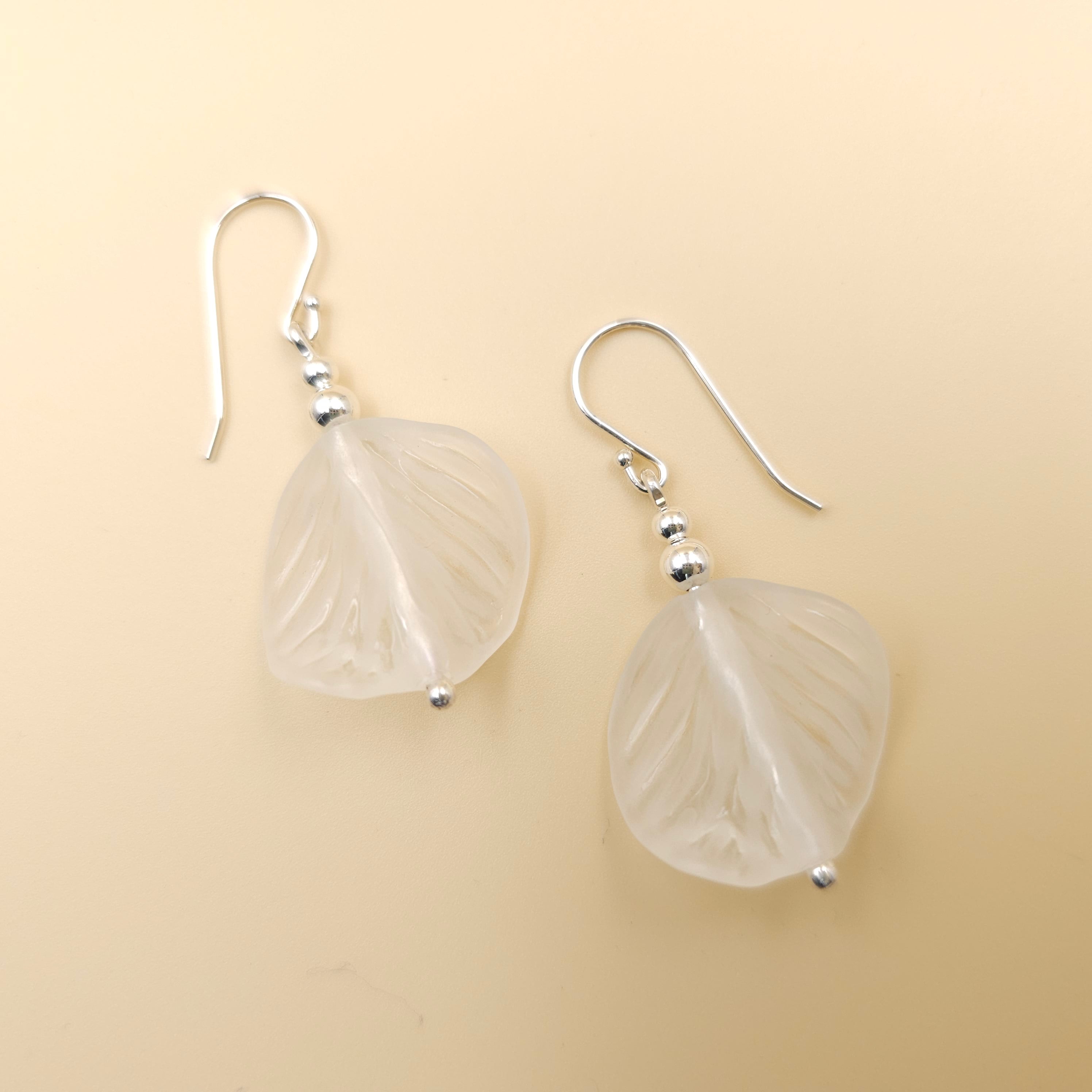 White wavy leaf bead earrings sterling silver