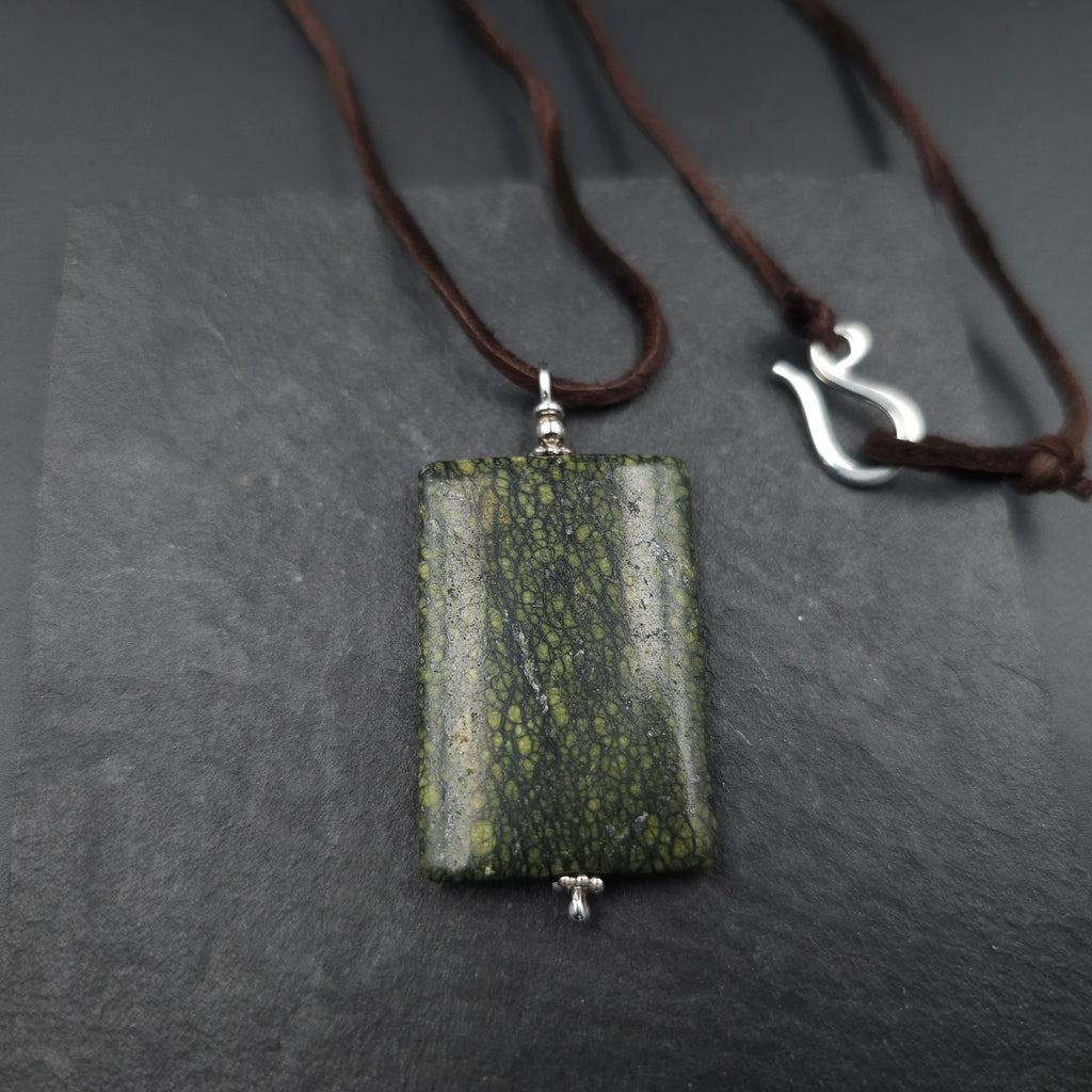 Serpentine rectangular necklace on suede cord necklace